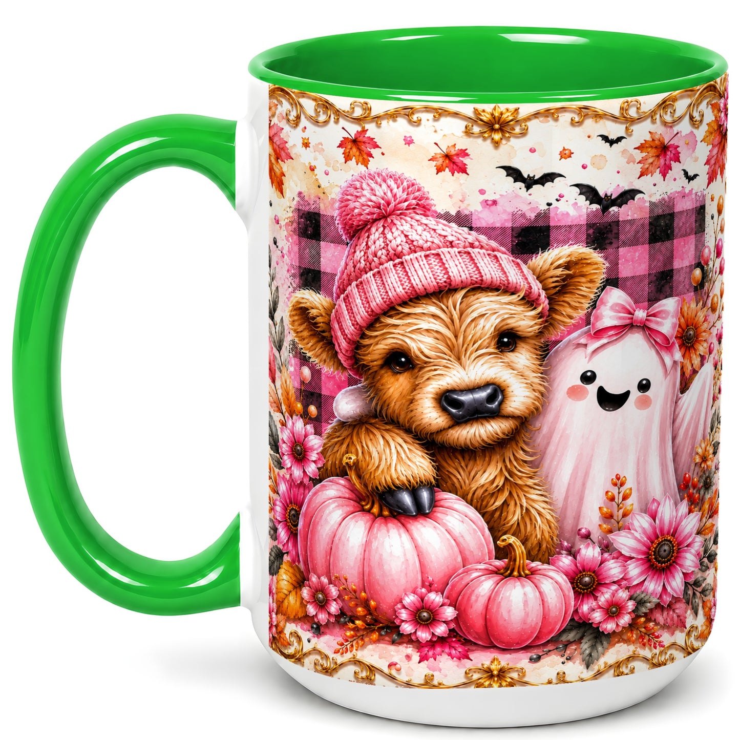#pl[15oz|Green] Highland Cow Coffee Mug, Pink Fall Ghost Mug, Ceramic Cup
