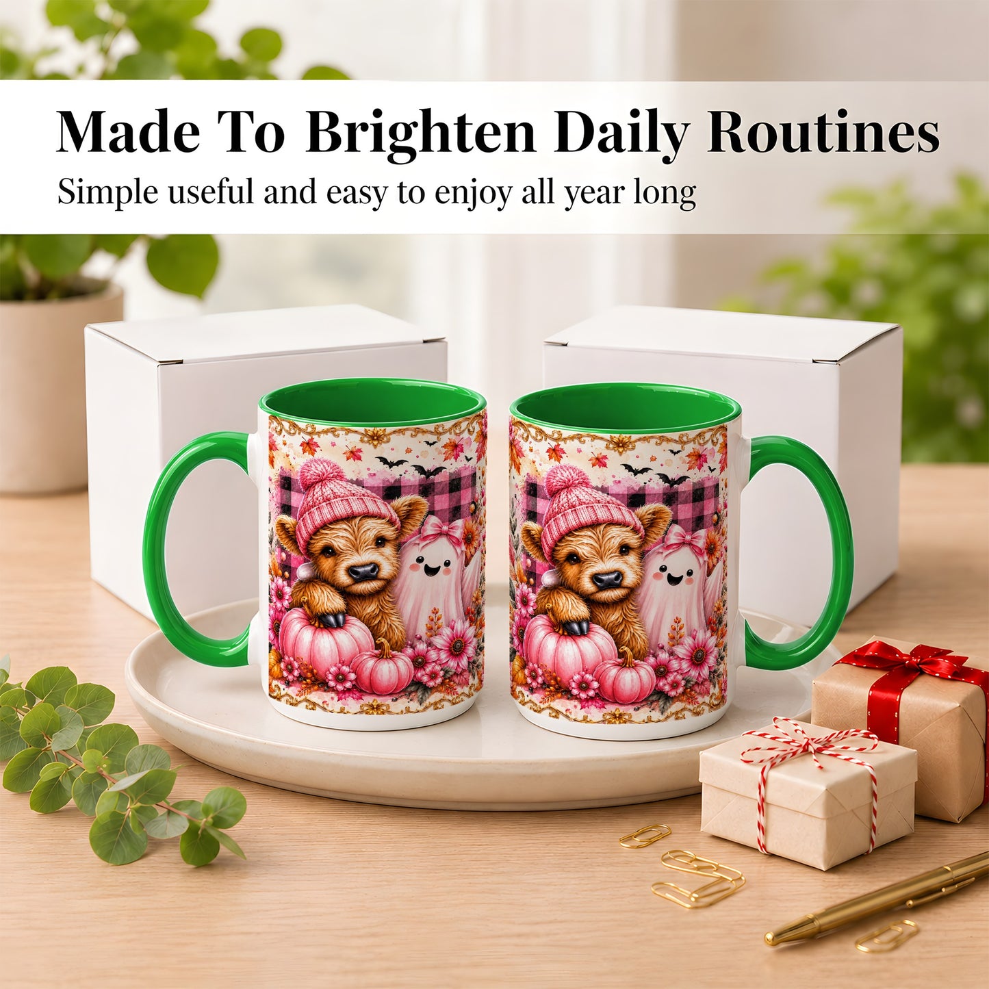 #pl[15oz|Green] Highland Cow Coffee Mug, Pink Fall Ghost Mug, Ceramic Cup