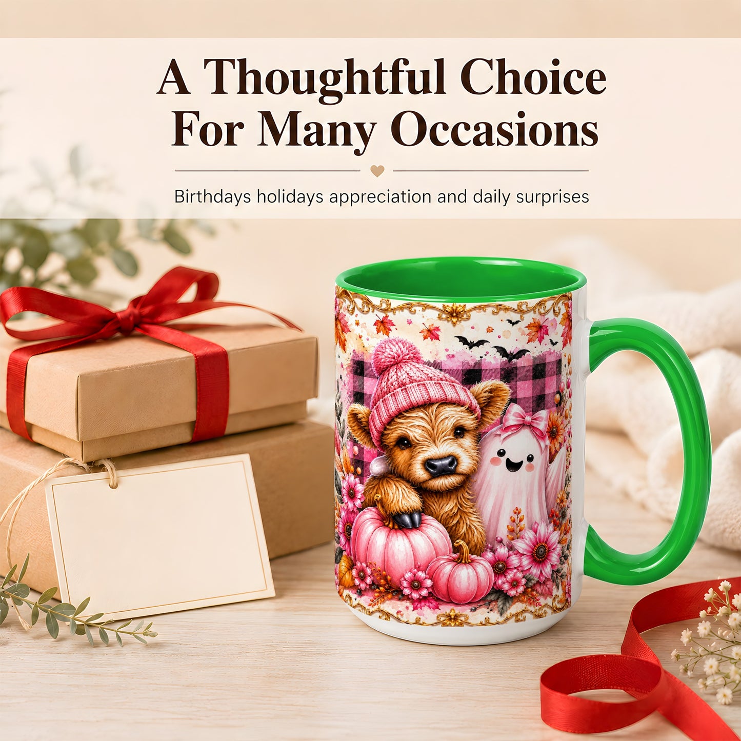#pl[15oz|Green] Highland Cow Coffee Mug, Pink Fall Ghost Mug, Ceramic Cup