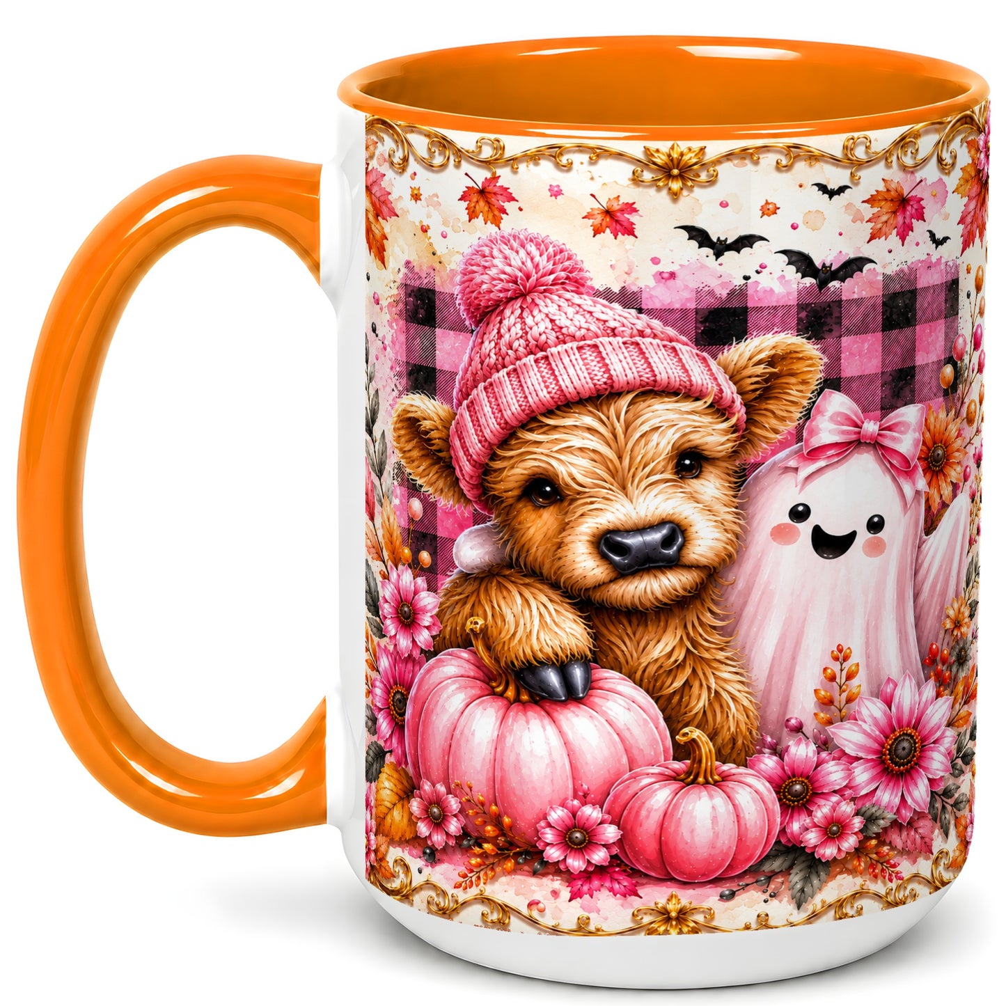 #pl[15oz|Orange] Highland Cow Coffee Mug, Pink Fall Ghost Mug, Ceramic Cup