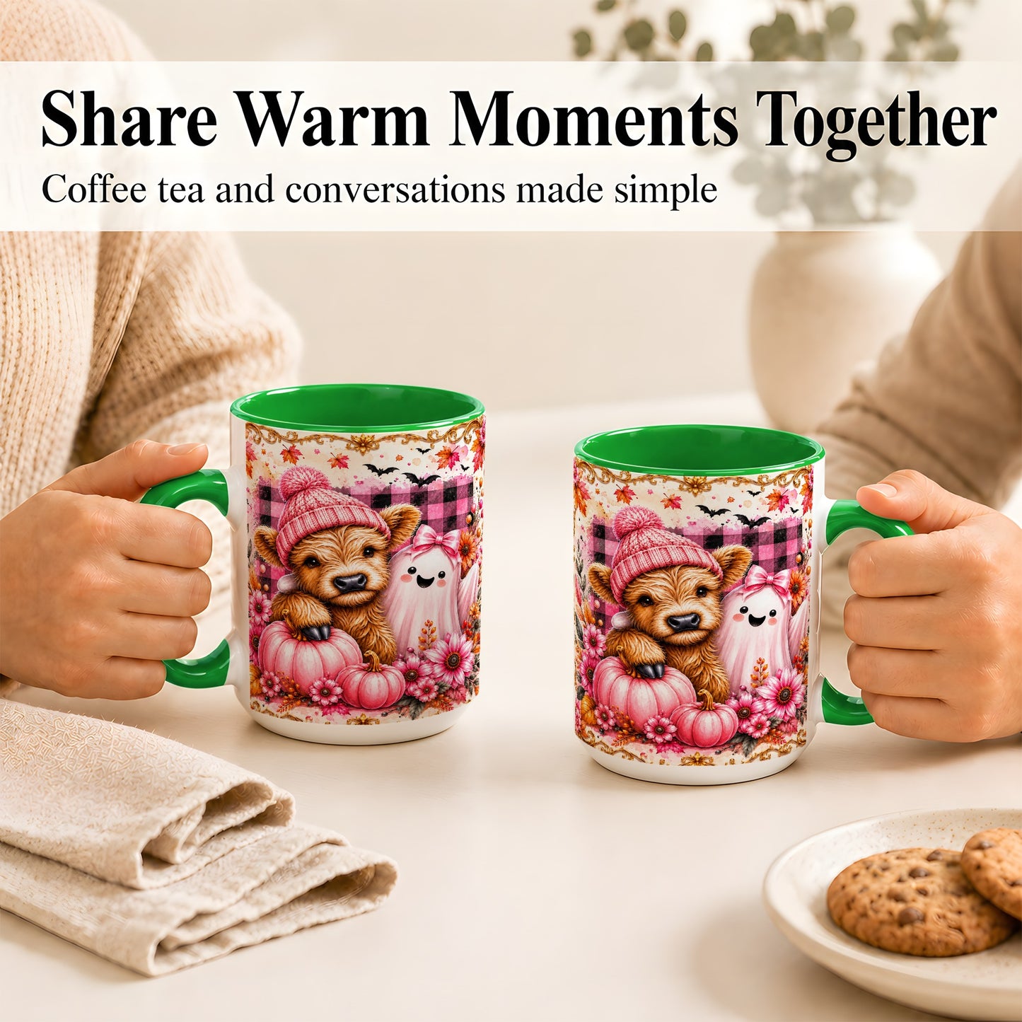 #pl[15oz|Green] Highland Cow Coffee Mug, Pink Fall Ghost Mug, Ceramic Cup