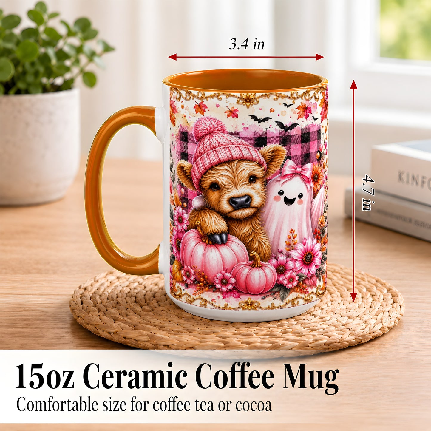 #pl[15oz|Orange] Highland Cow Coffee Mug, Pink Fall Ghost Mug, Ceramic Cup