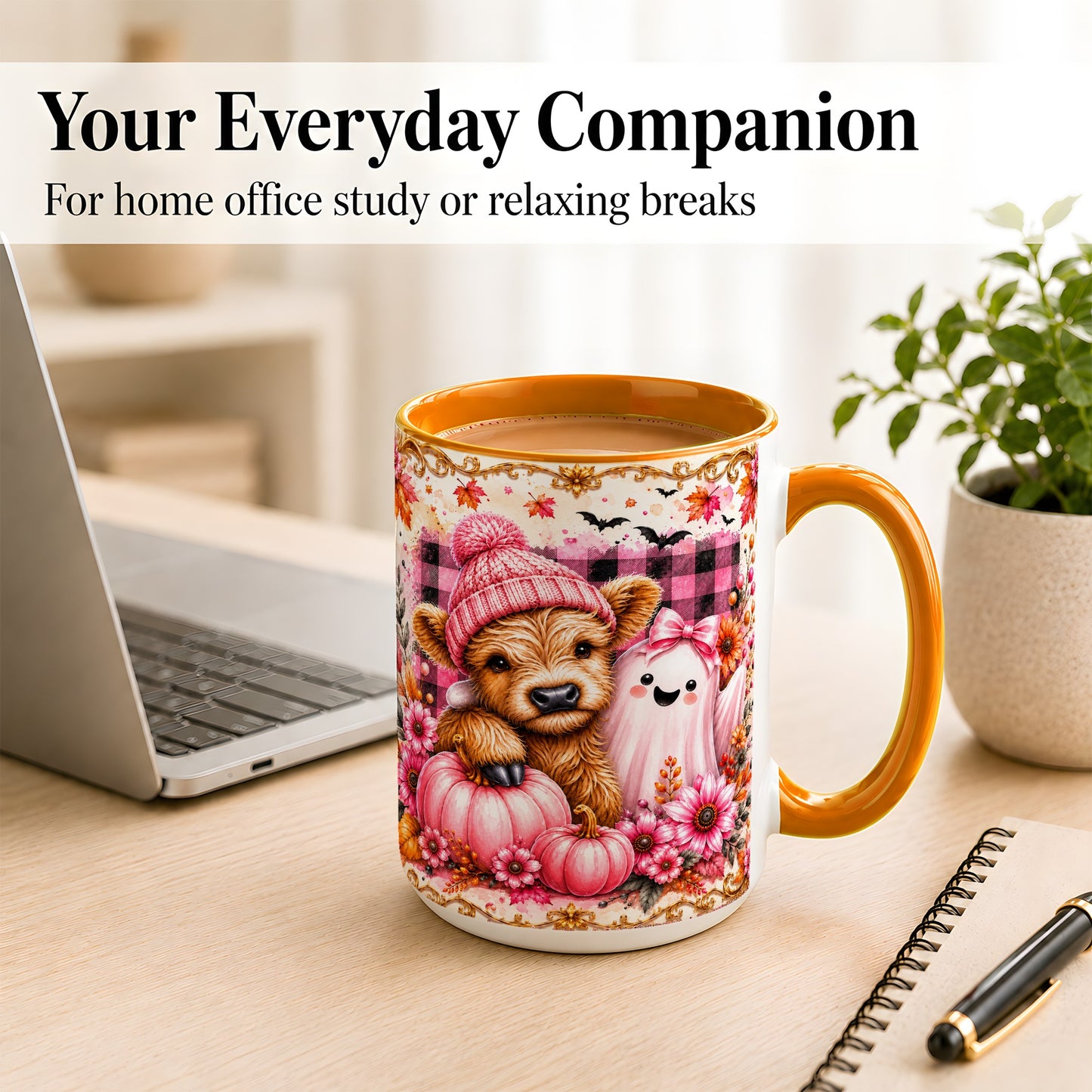 #pl[15oz|Orange] Highland Cow Coffee Mug, Pink Fall Ghost Mug, Ceramic Cup