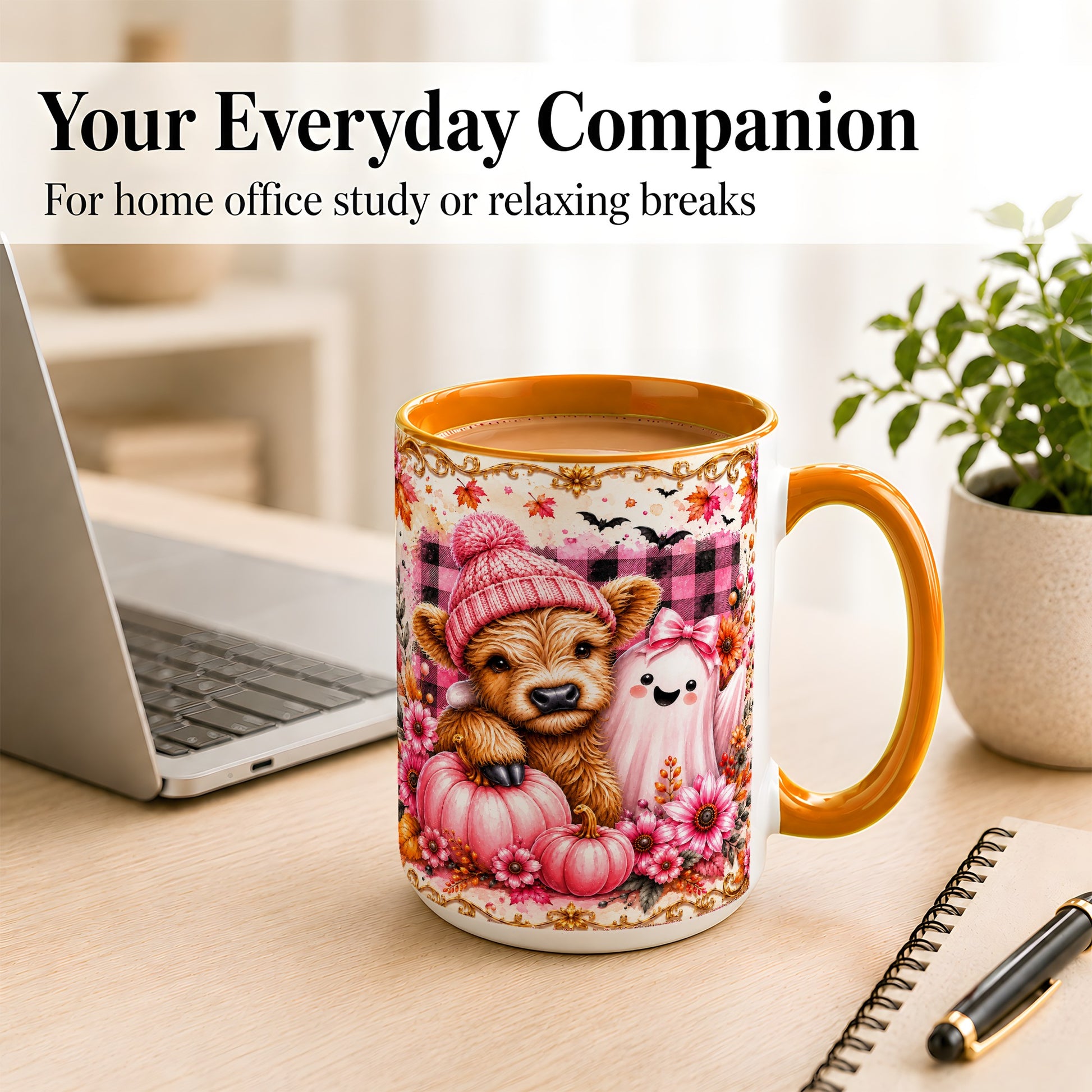 #pl[15oz|Orange] Highland Cow Coffee Mug, Pink Fall Ghost Mug, Ceramic Cup