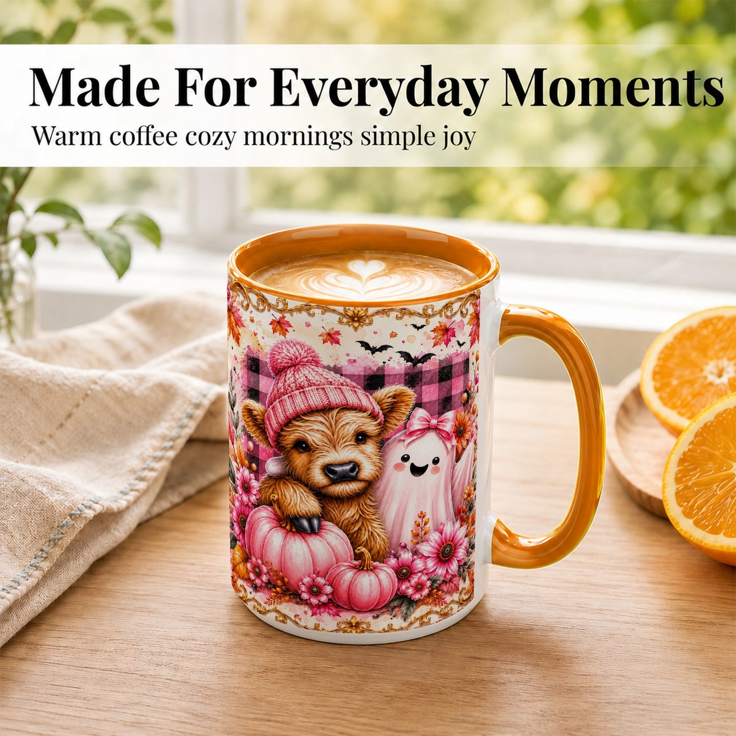 #pl[15oz|Orange] Highland Cow Coffee Mug, Pink Fall Ghost Mug, Ceramic Cup