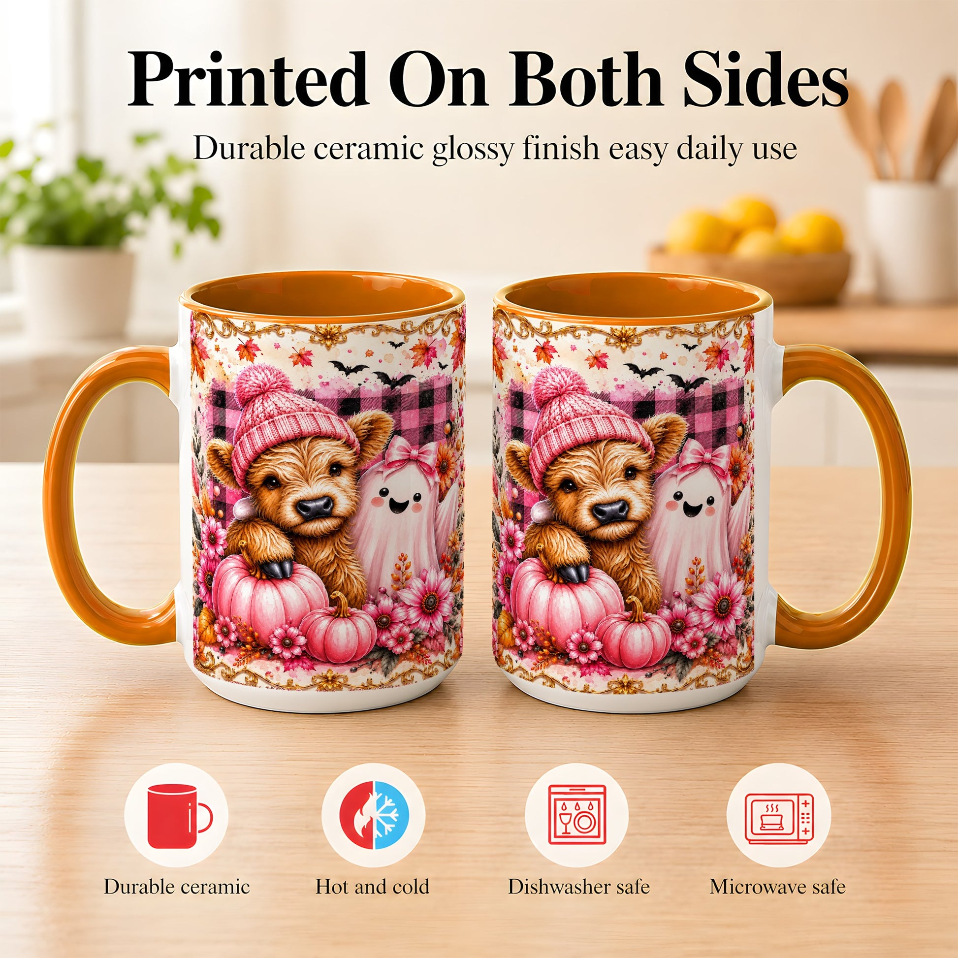 #pl[15oz|Orange] Highland Cow Coffee Mug, Pink Fall Ghost Mug, Ceramic Cup