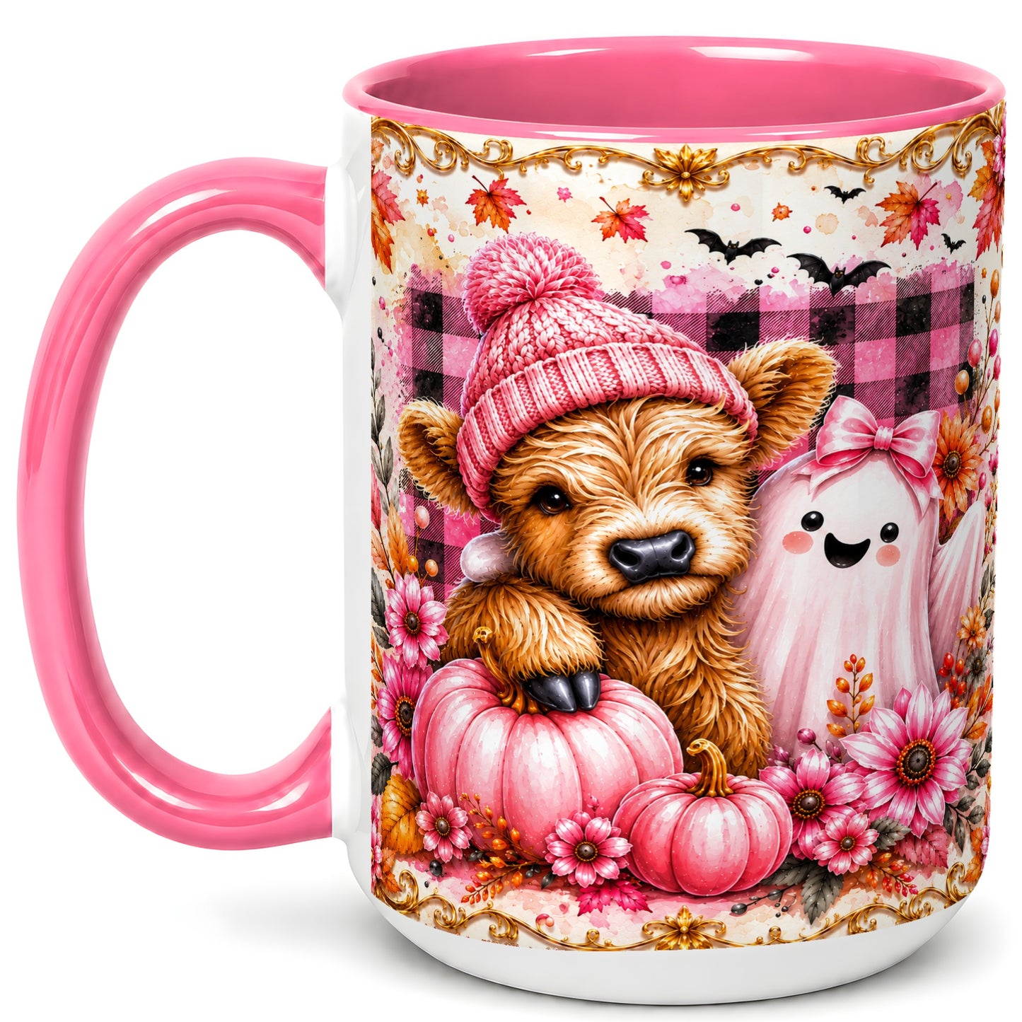 #pl[15oz|Pink] Highland Cow Coffee Mug, Pink Fall Ghost Mug, Ceramic Cup