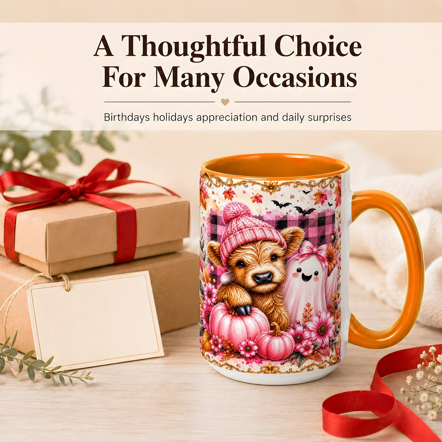 #pl[15oz|Orange] Highland Cow Coffee Mug, Pink Fall Ghost Mug, Ceramic Cup