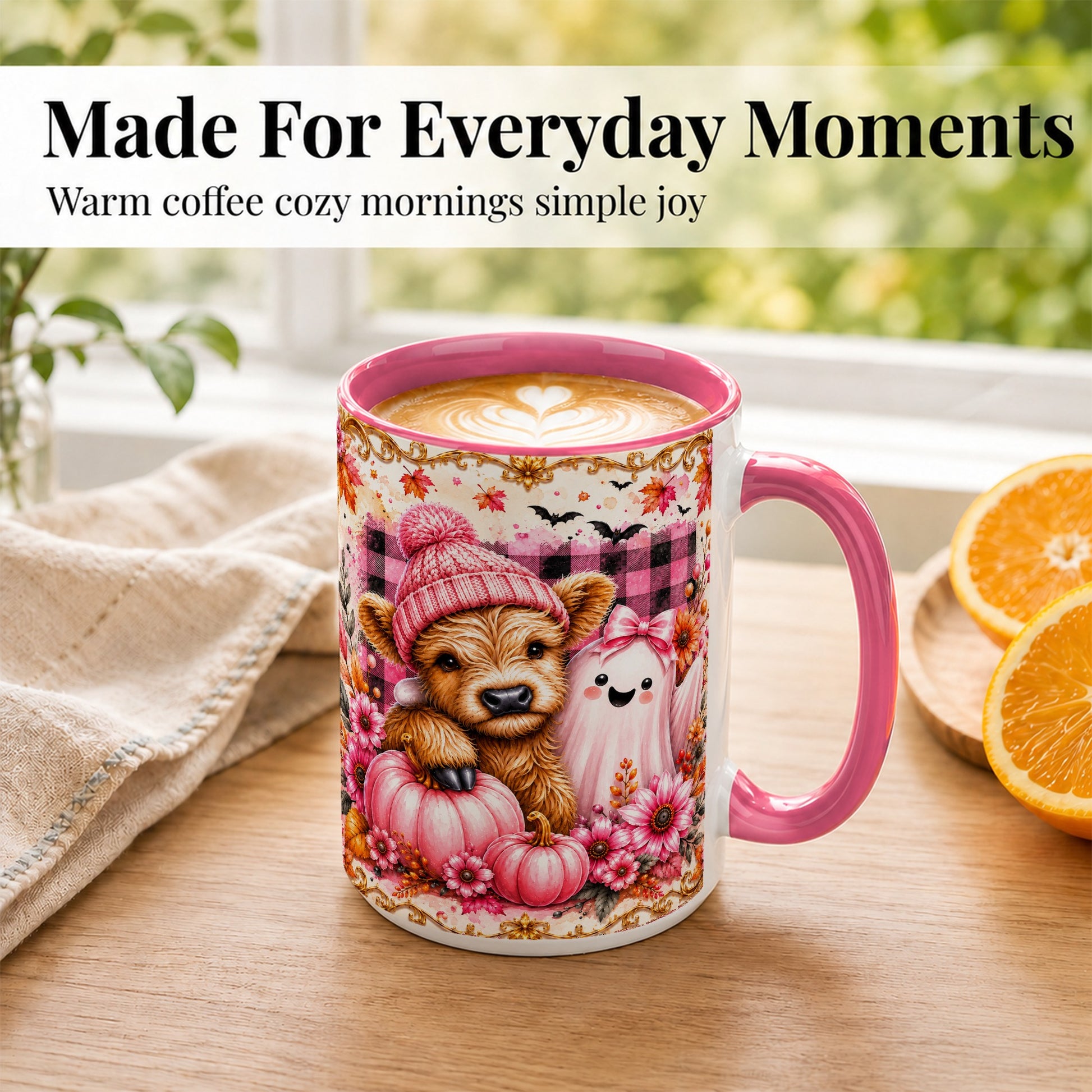 #pl[15oz|Pink] Highland Cow Coffee Mug, Pink Fall Ghost Mug, Ceramic Cup