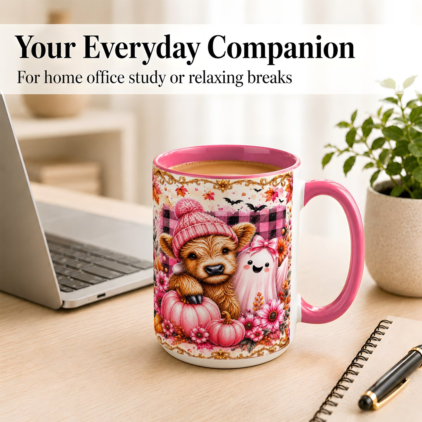 #pl[15oz|Pink] Highland Cow Coffee Mug, Pink Fall Ghost Mug, Ceramic Cup