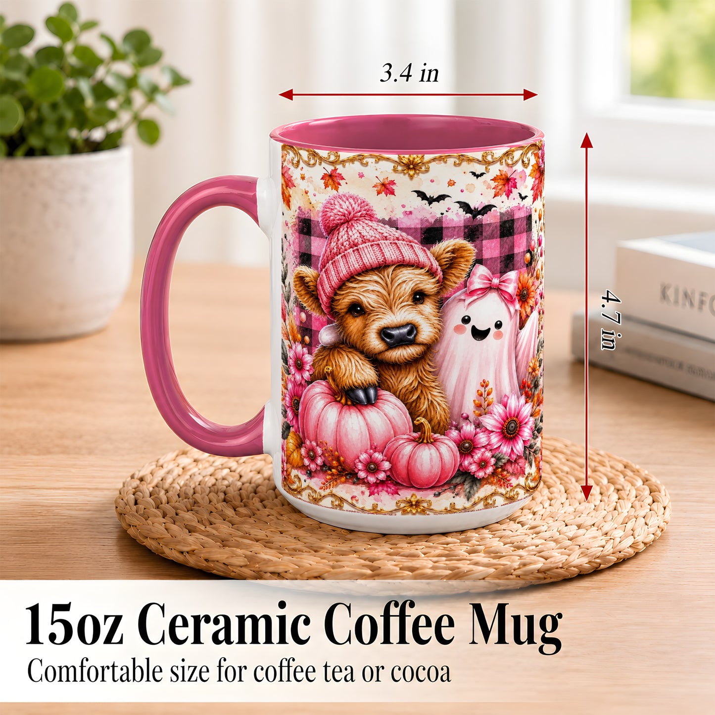 #pl[15oz|Pink] Highland Cow Coffee Mug, Pink Fall Ghost Mug, Ceramic Cup