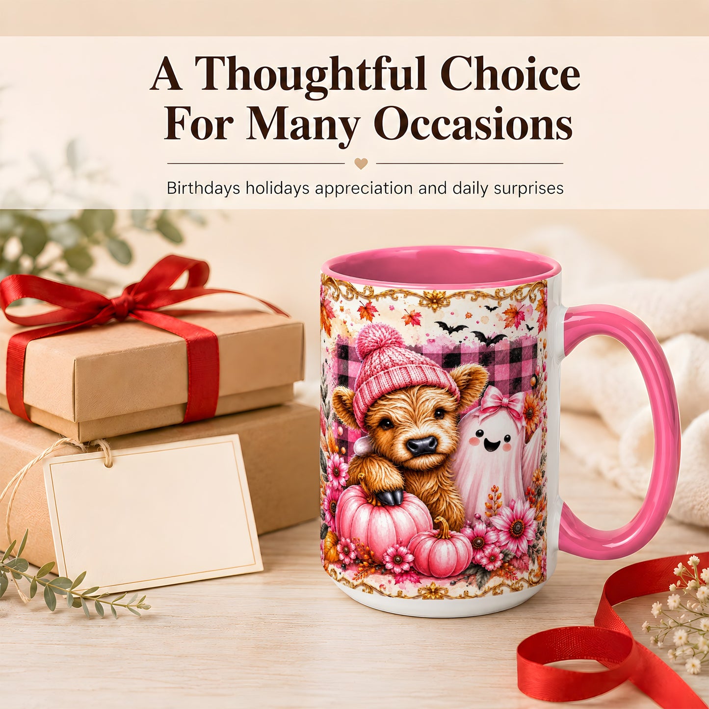 #pl[15oz|Pink] Highland Cow Coffee Mug, Pink Fall Ghost Mug, Ceramic Cup