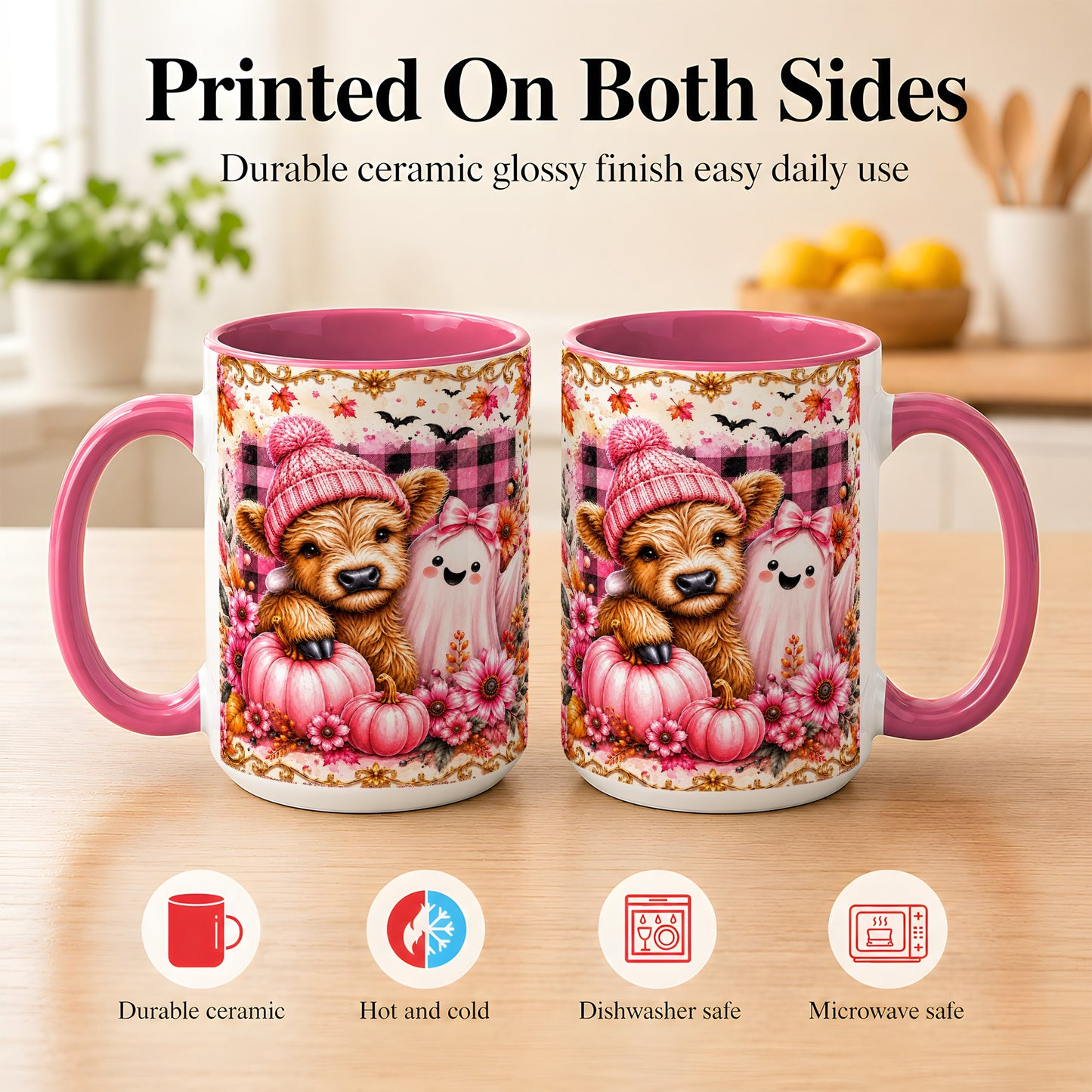 #pl[15oz|Pink] Highland Cow Coffee Mug, Pink Fall Ghost Mug, Ceramic Cup