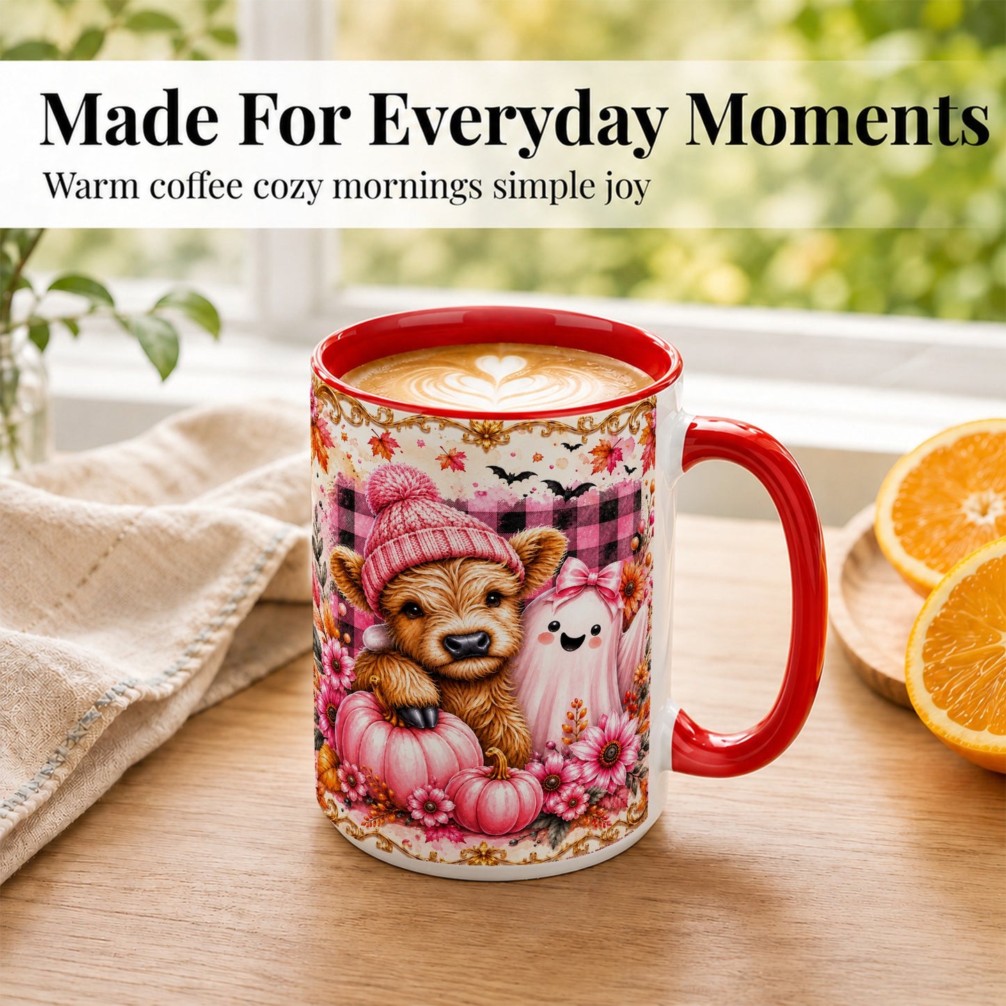 #pl[15oz|Red] Highland Cow Coffee Mug, Pink Fall Ghost Mug, Ceramic Cup