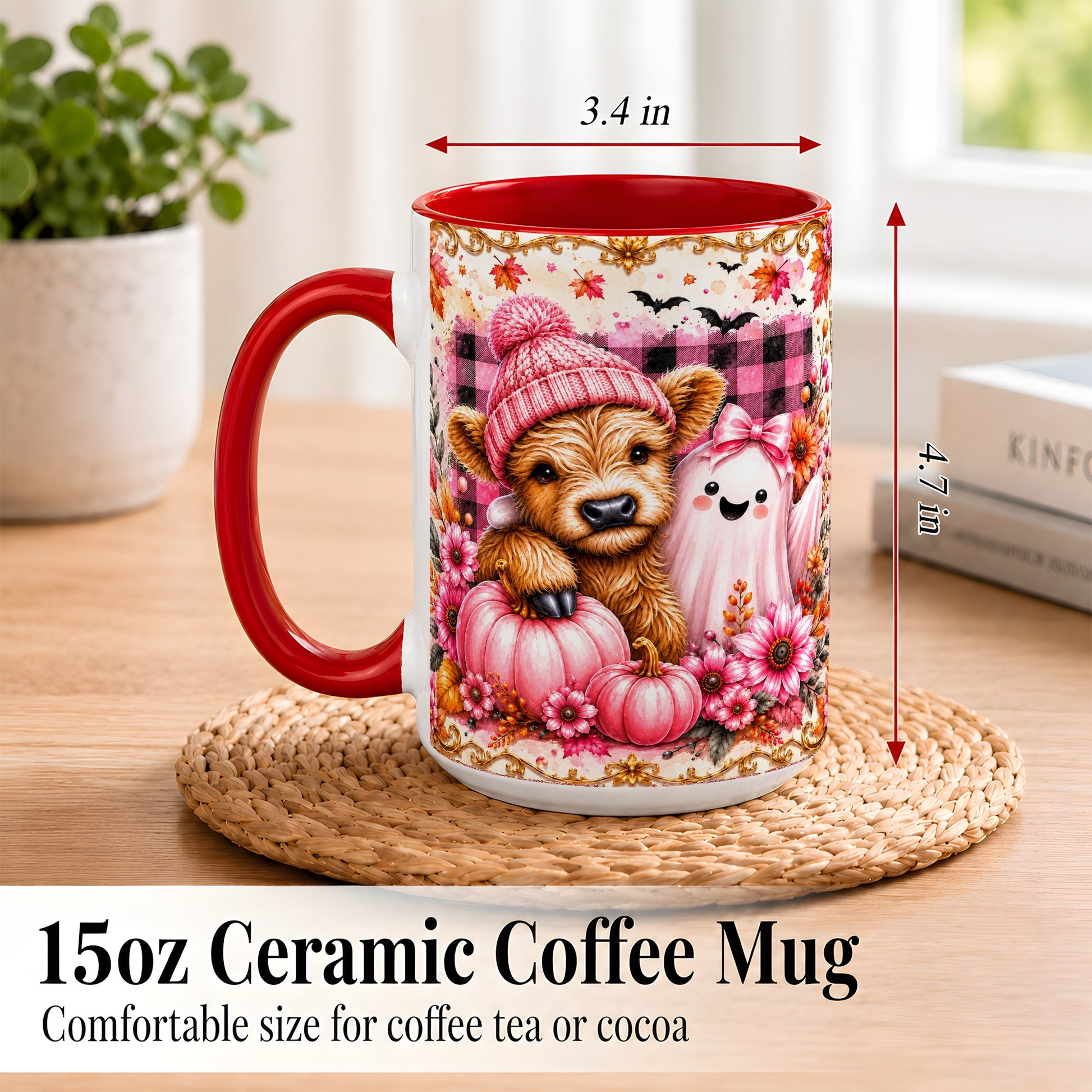 #pl[15oz|Red] Highland Cow Coffee Mug, Pink Fall Ghost Mug, Ceramic Cup