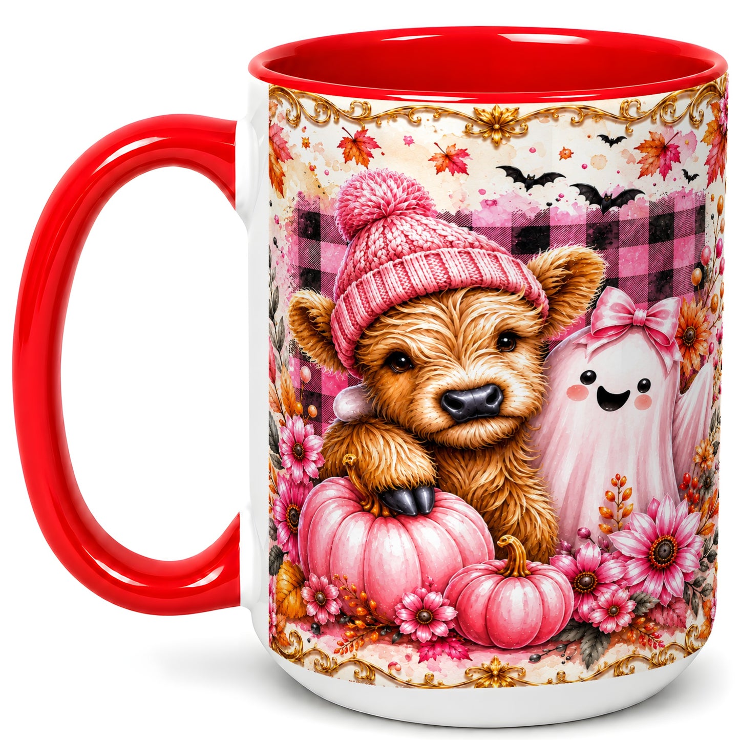 #pl[15oz|Red] Highland Cow Coffee Mug, Pink Fall Ghost Mug, Ceramic Cup
