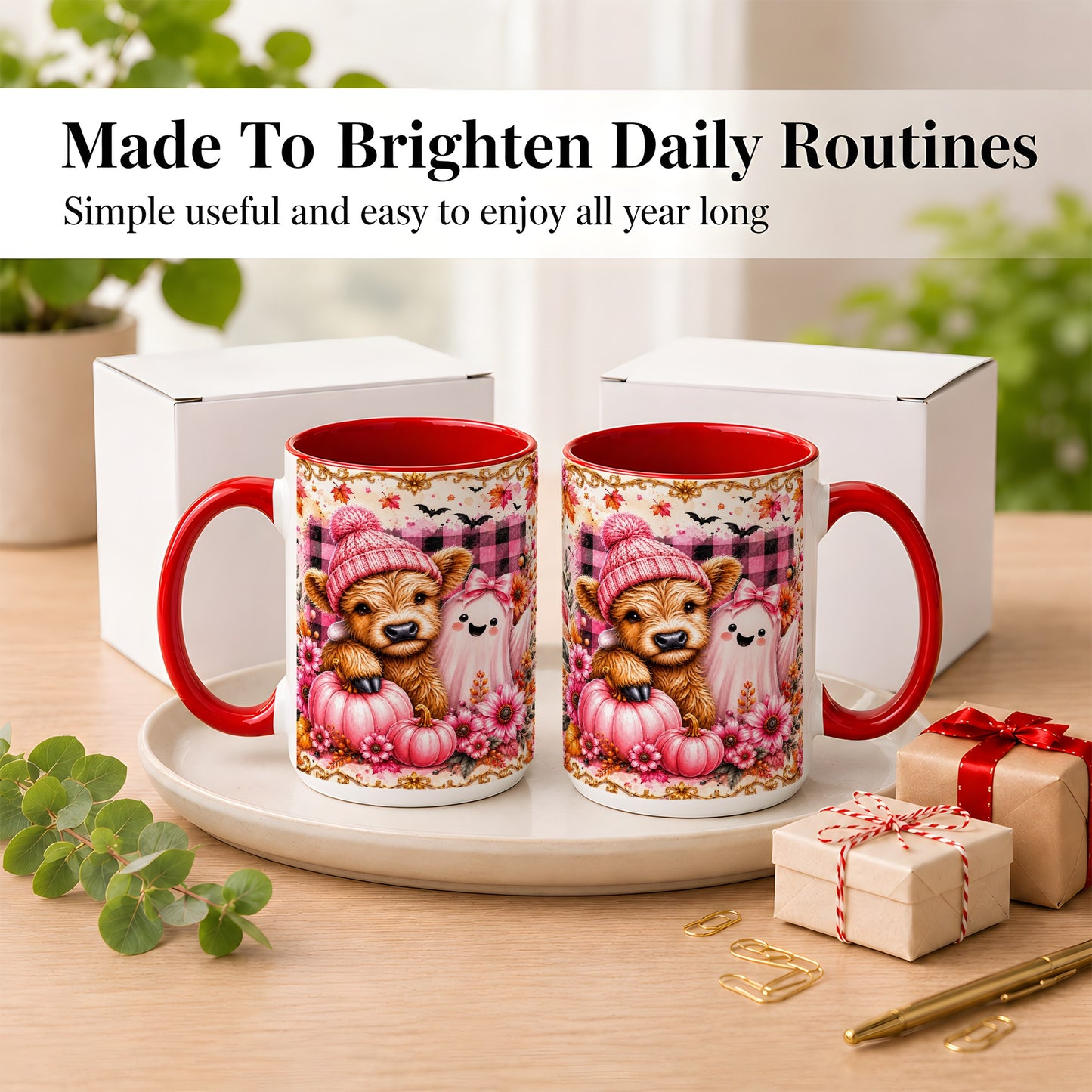 #pl[15oz|Red] Highland Cow Coffee Mug, Pink Fall Ghost Mug, Ceramic Cup