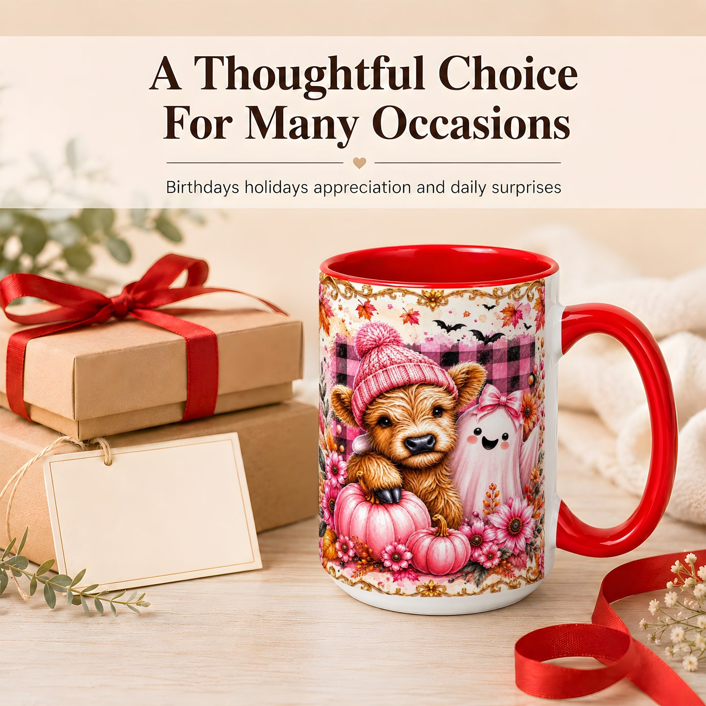 #pl[15oz|Red] Highland Cow Coffee Mug, Pink Fall Ghost Mug, Ceramic Cup