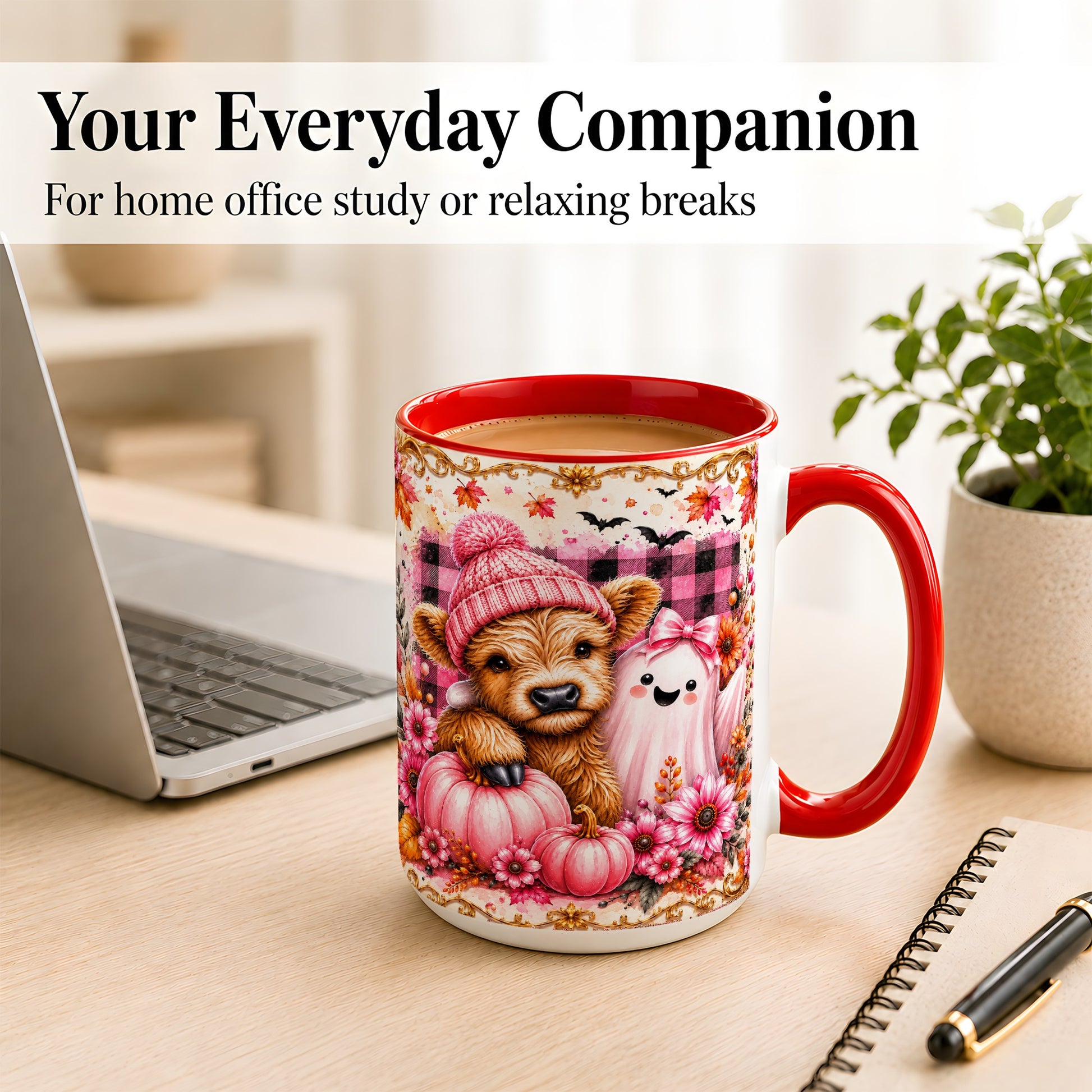 #pl[15oz|Red] Highland Cow Coffee Mug, Pink Fall Ghost Mug, Ceramic Cup