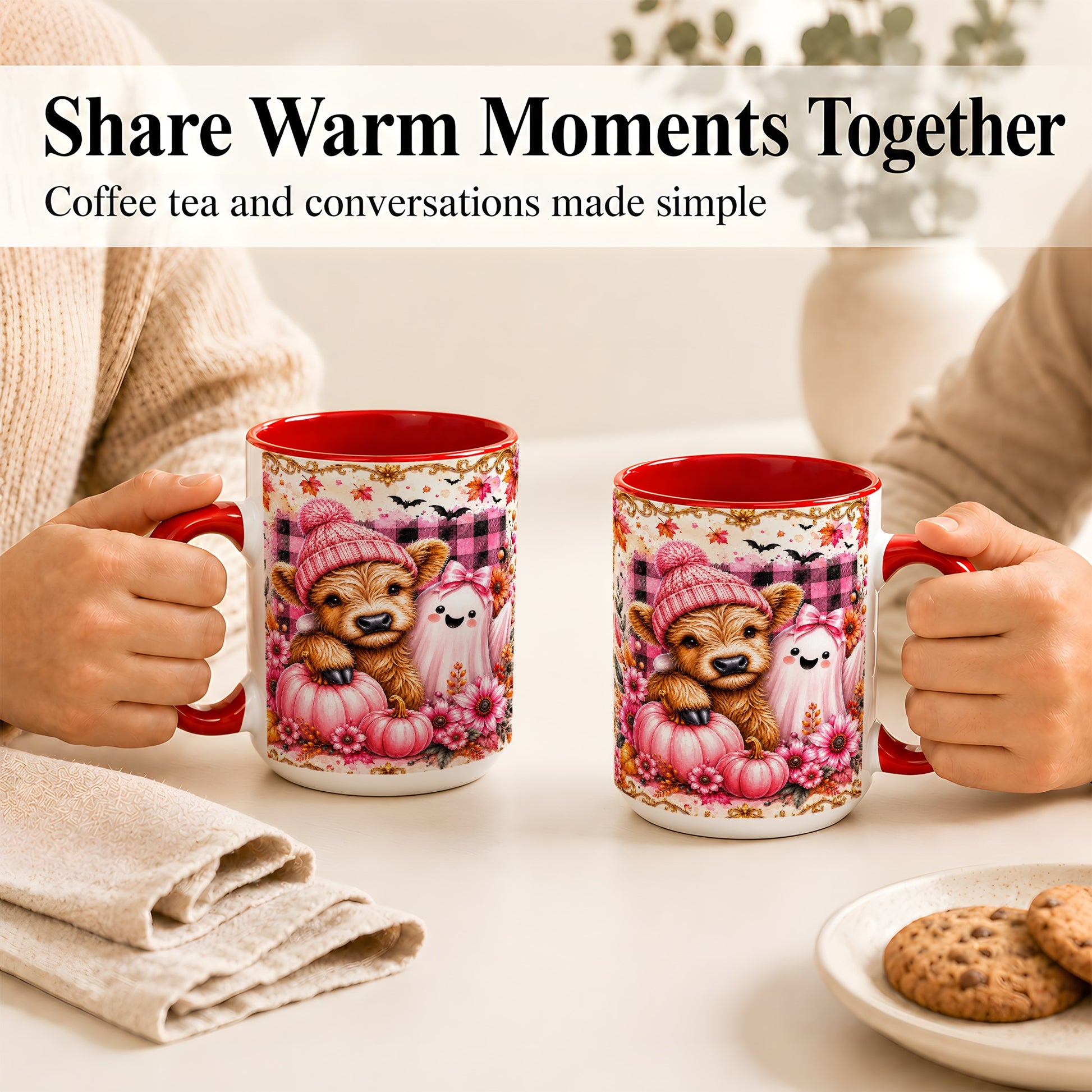 #pl[15oz|Red] Highland Cow Coffee Mug, Pink Fall Ghost Mug, Ceramic Cup