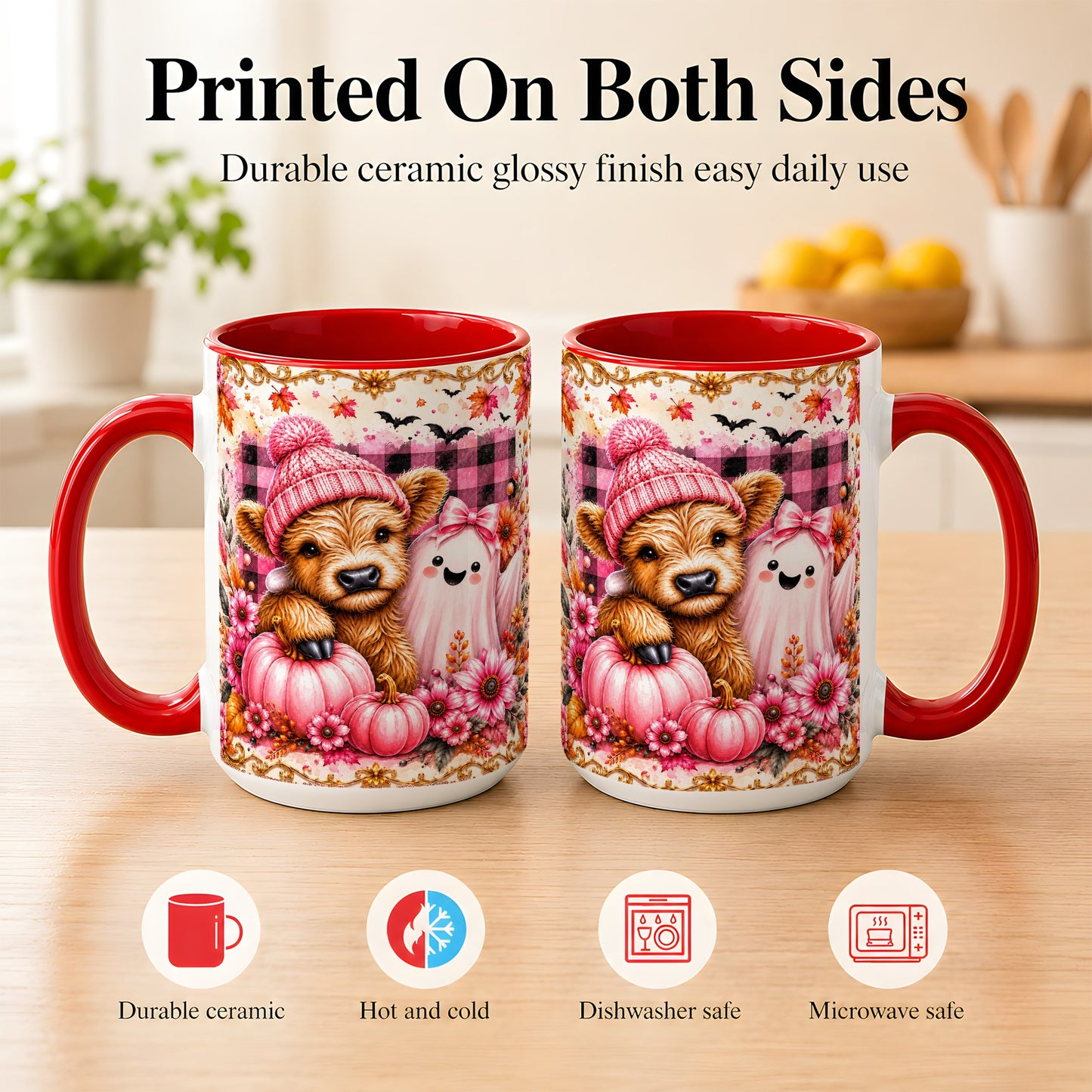 #pl[15oz|Red] Highland Cow Coffee Mug, Pink Fall Ghost Mug, Ceramic Cup