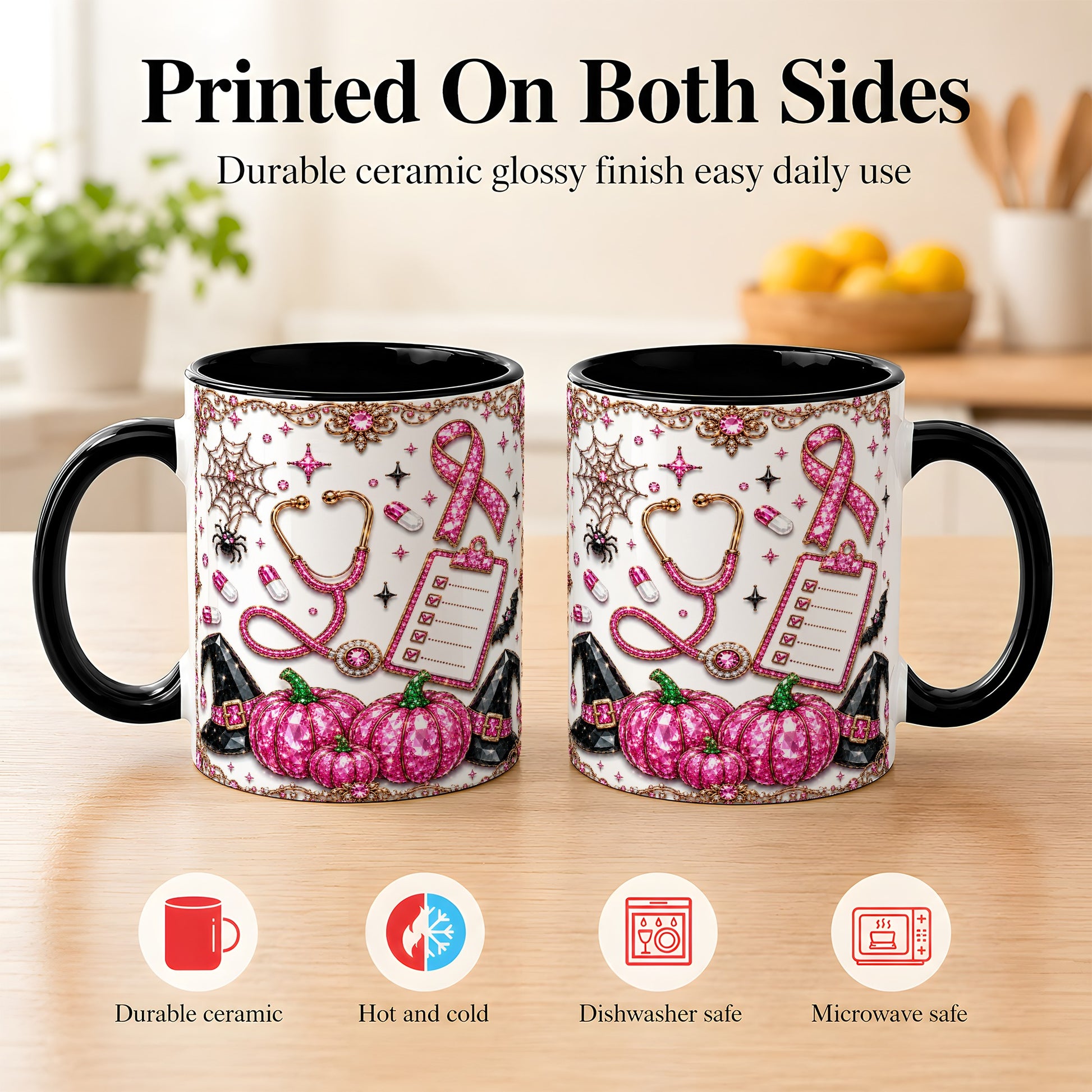 #pl[11oz|Black] Medical Halloween Coffee Mug, Pink Ribbon Nurse Mug, Ceramic Cup
