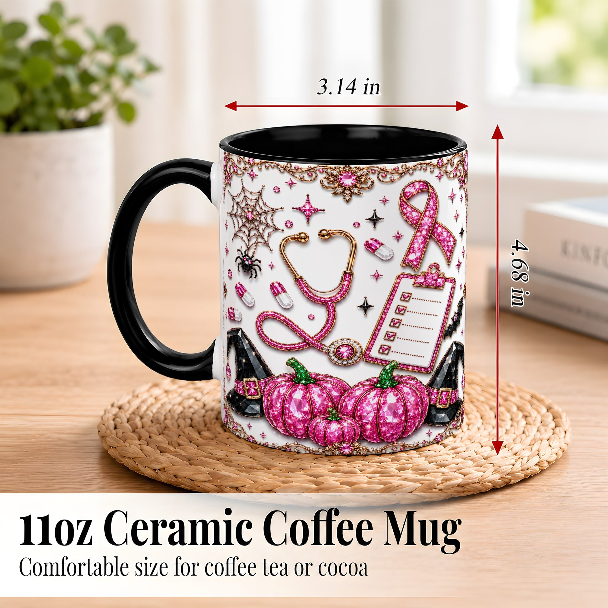 #pl[11oz|Black] Medical Halloween Coffee Mug, Pink Ribbon Nurse Mug, Ceramic Cup