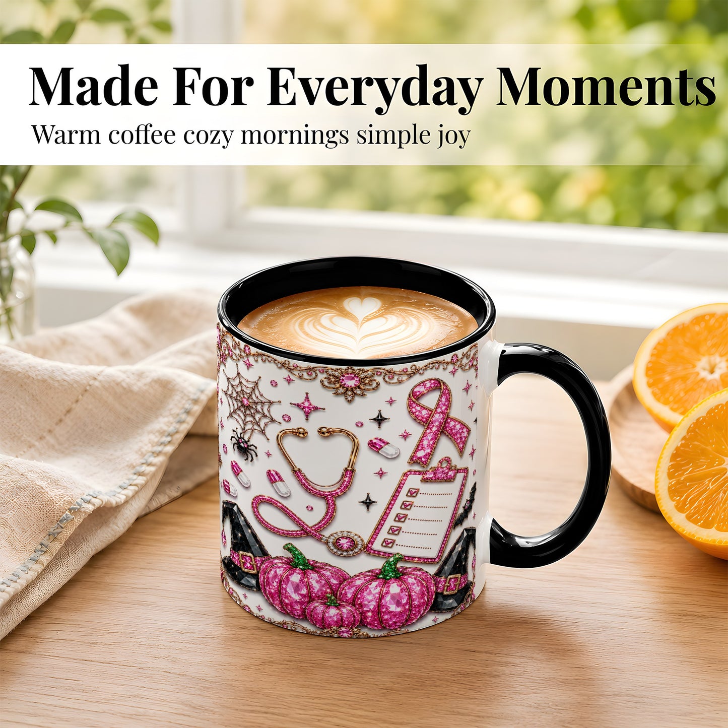 #pl[11oz|Black] Medical Halloween Coffee Mug, Pink Ribbon Nurse Mug, Ceramic Cup