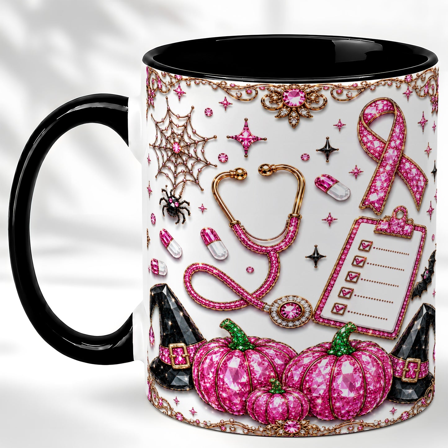 #pl[11oz|Black] Medical Halloween Coffee Mug, Pink Ribbon Nurse Mug, Ceramic Cup