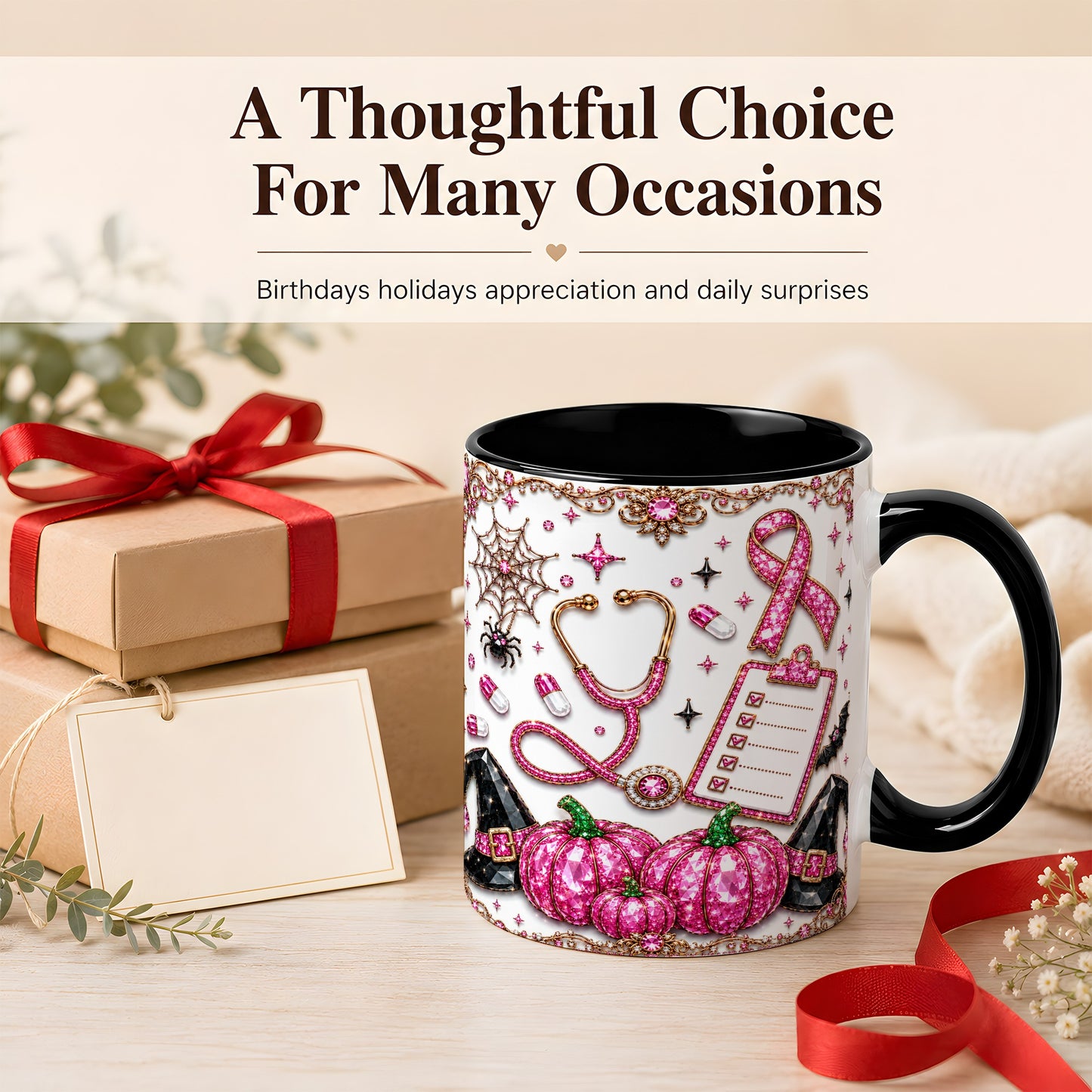 #pl[11oz|Black] Medical Halloween Coffee Mug, Pink Ribbon Nurse Mug, Ceramic Cup