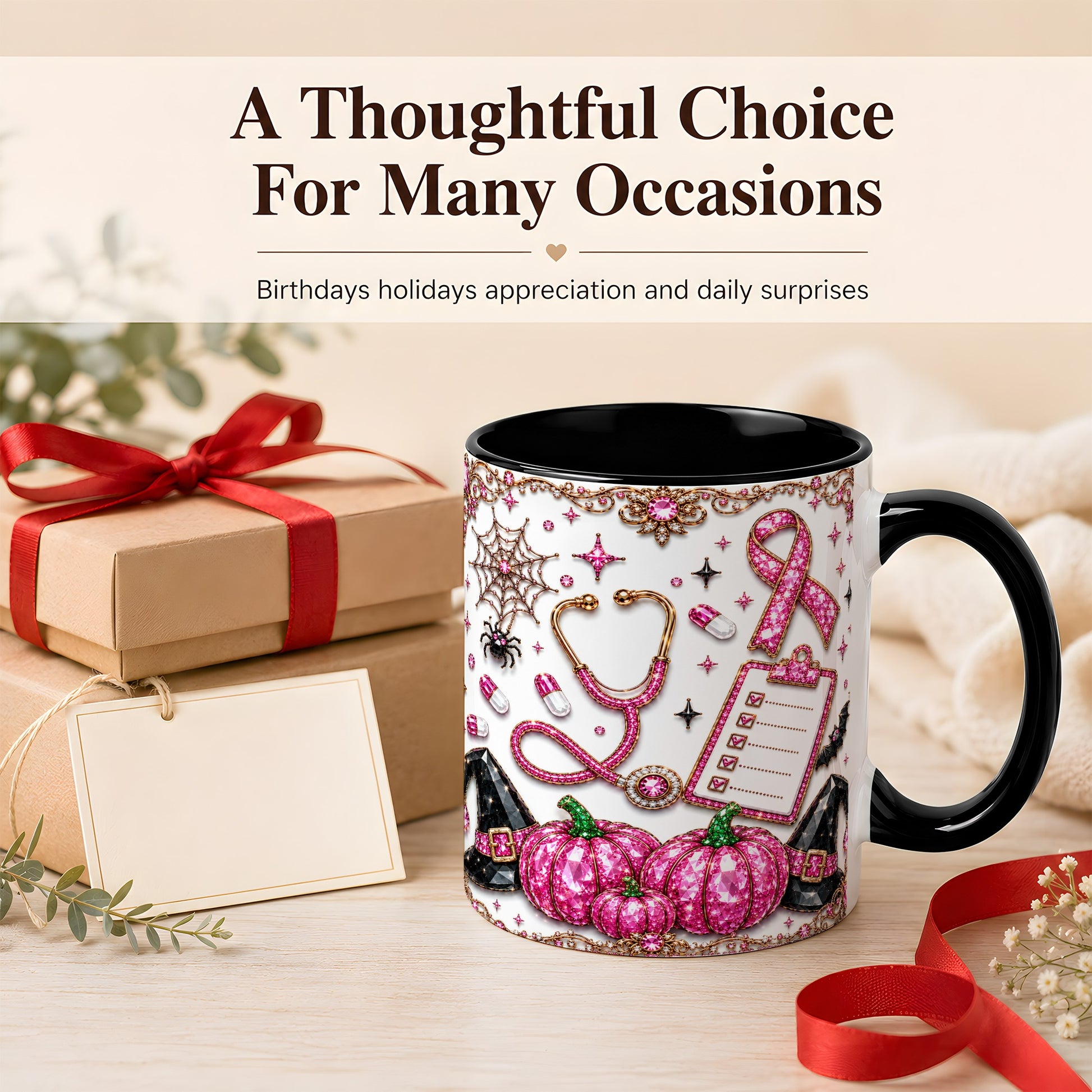#pl[11oz|Black] Medical Halloween Coffee Mug, Pink Ribbon Nurse Mug, Ceramic Cup
