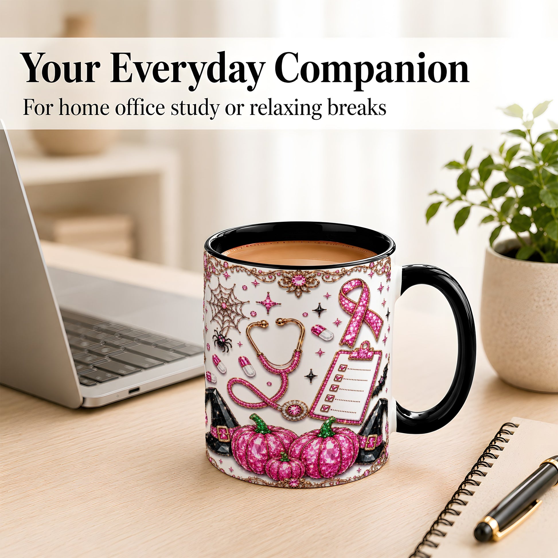 #pl[11oz|Black] Medical Halloween Coffee Mug, Pink Ribbon Nurse Mug, Ceramic Cup