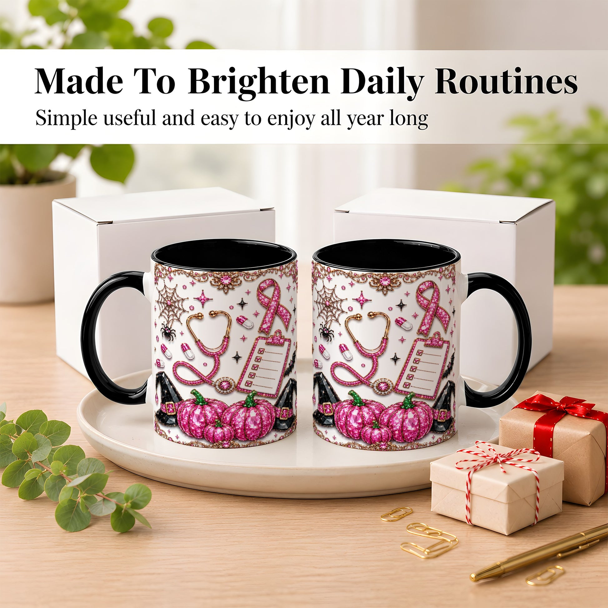#pl[11oz|Black] Medical Halloween Coffee Mug, Pink Ribbon Nurse Mug, Ceramic Cup