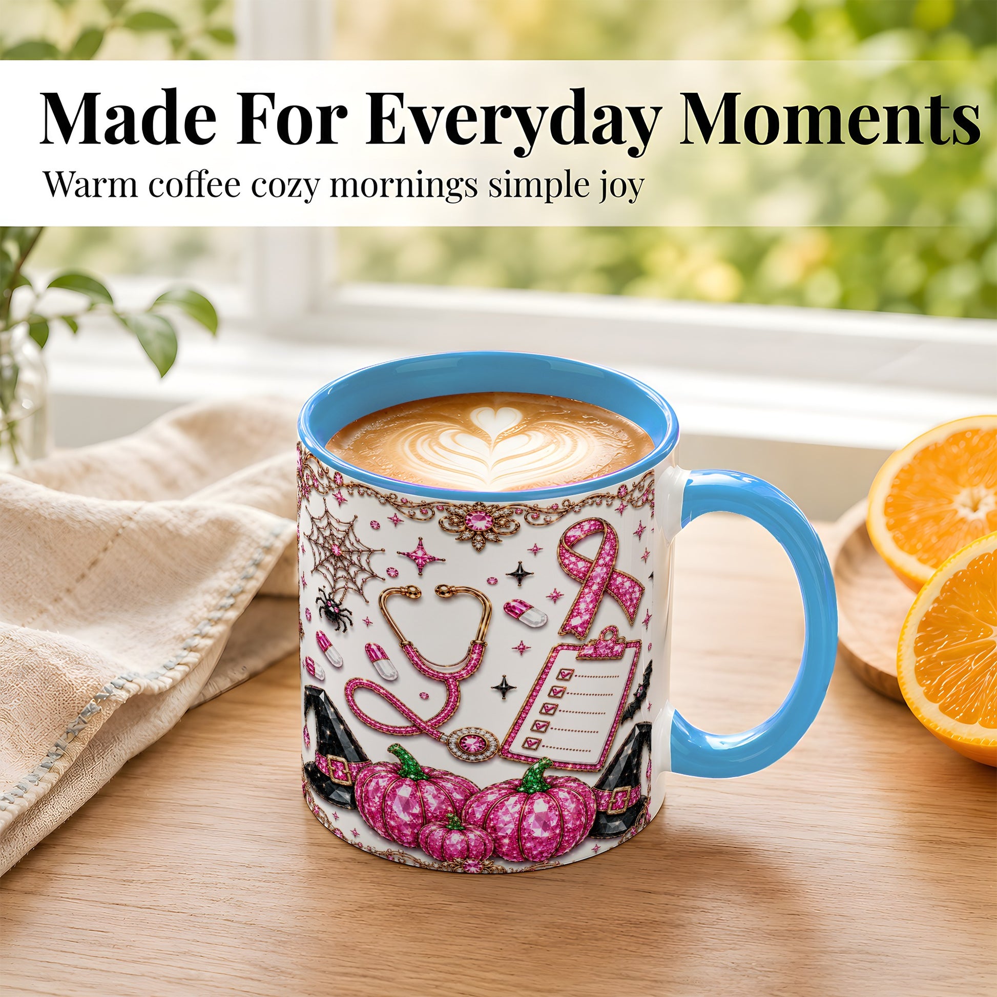 #pl[11oz|Blue] Medical Halloween Coffee Mug, Pink Ribbon Nurse Mug, Ceramic Cup