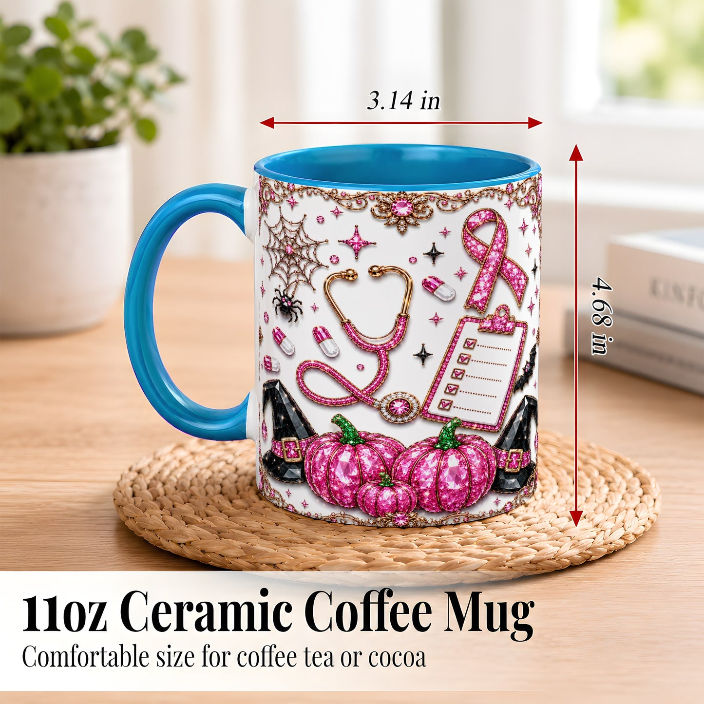 #pl[11oz|Blue] Medical Halloween Coffee Mug, Pink Ribbon Nurse Mug, Ceramic Cup