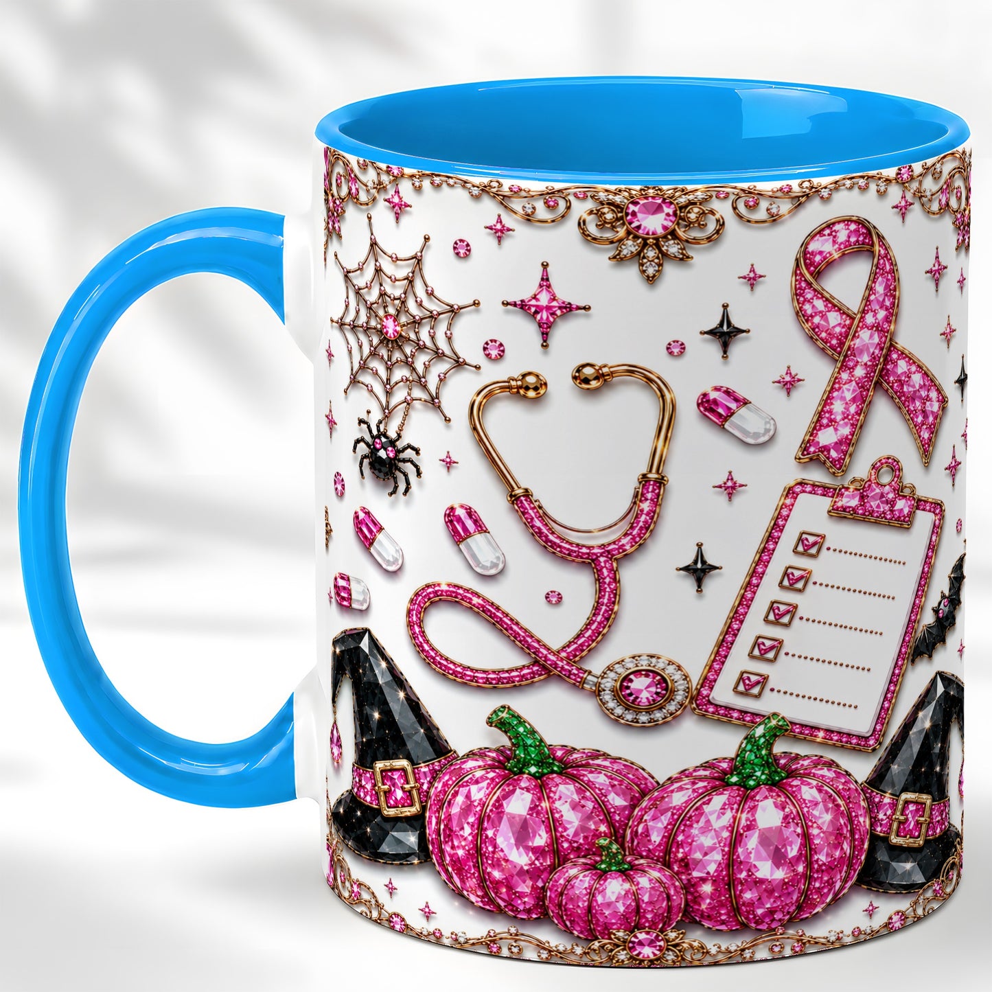 #pl[11oz|Blue] Medical Halloween Coffee Mug, Pink Ribbon Nurse Mug, Ceramic Cup