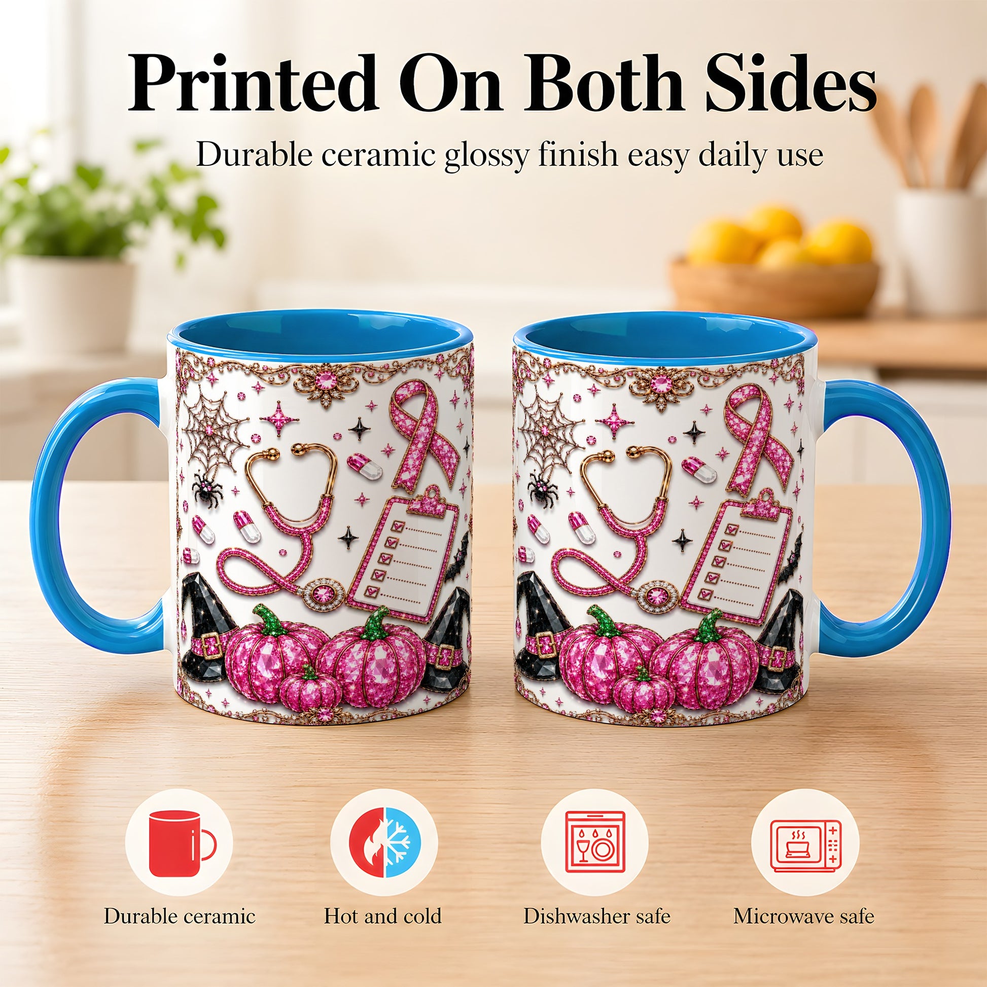 #pl[11oz|Blue] Medical Halloween Coffee Mug, Pink Ribbon Nurse Mug, Ceramic Cup