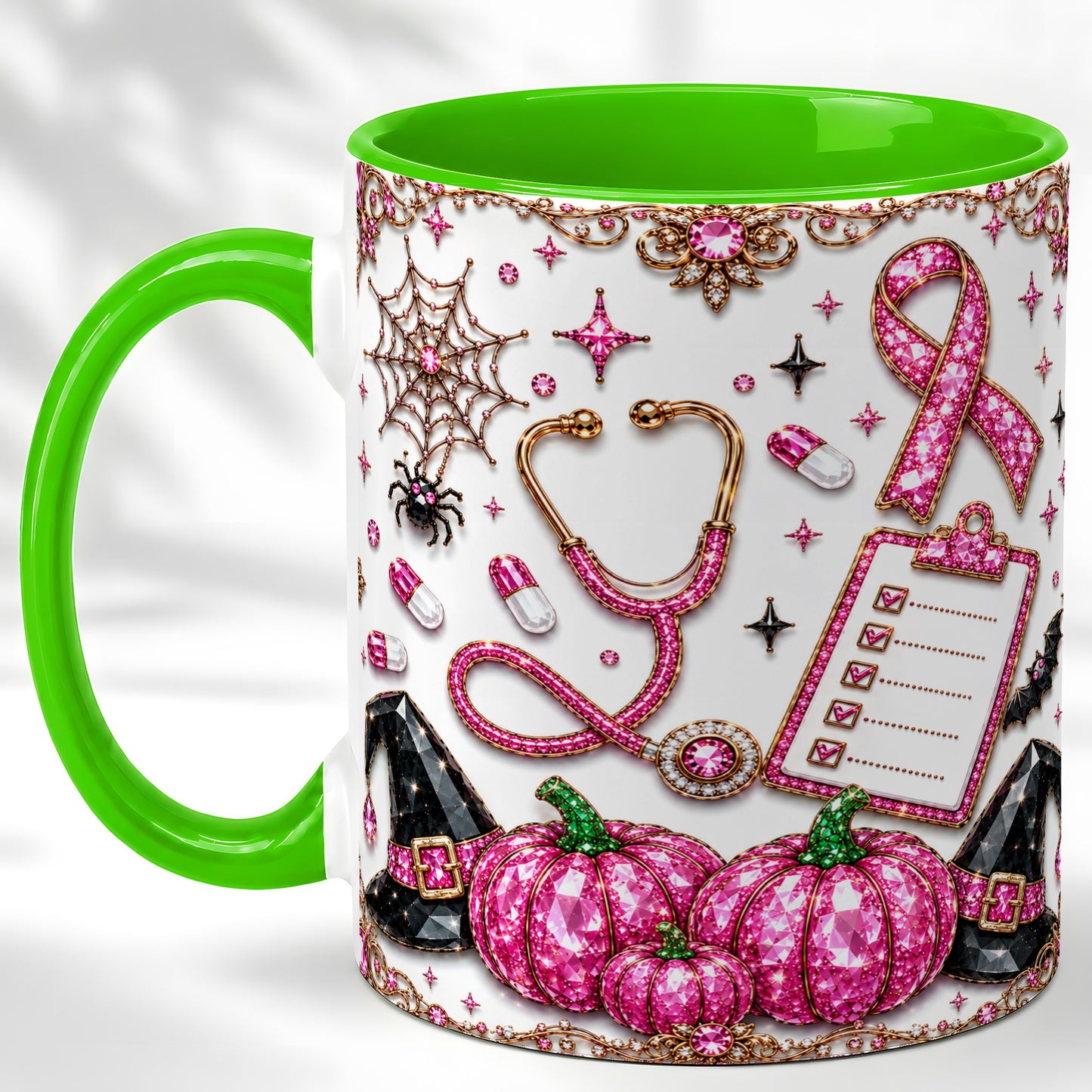 #pl[11oz|Green] Medical Halloween Coffee Mug, Pink Ribbon Nurse Mug, Ceramic Cup