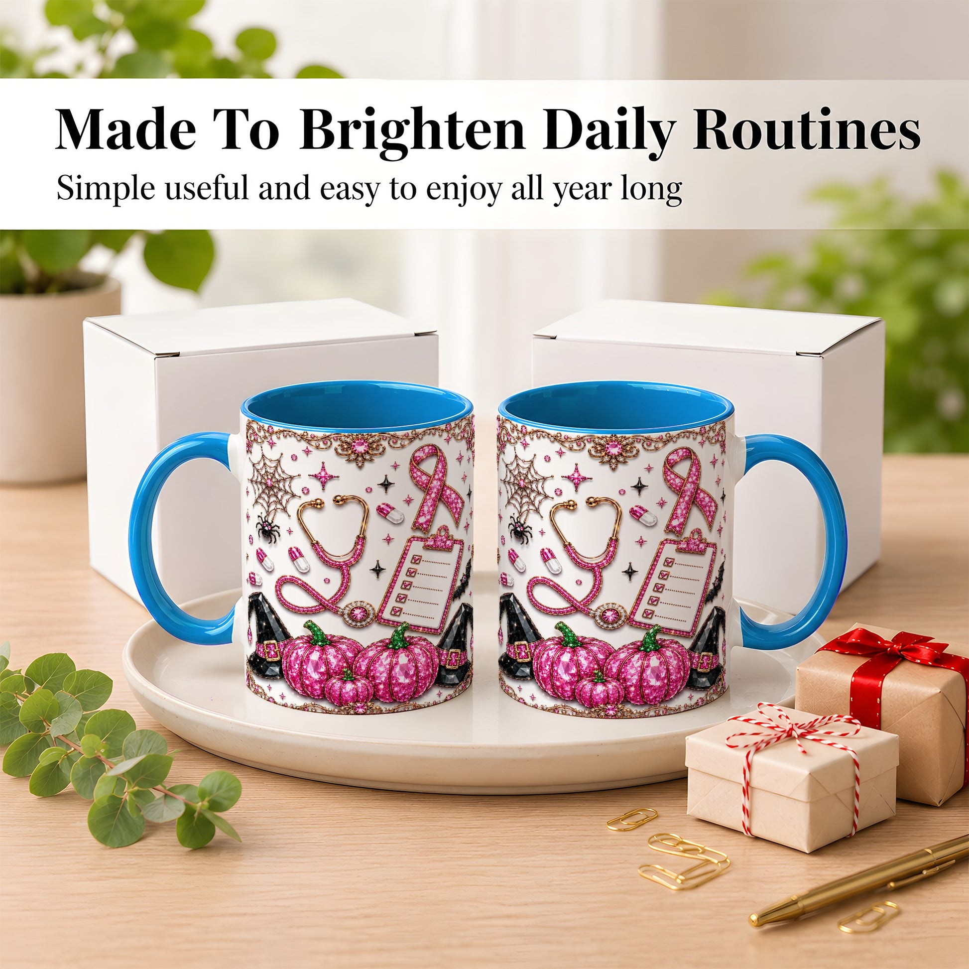 #pl[11oz|Blue] Medical Halloween Coffee Mug, Pink Ribbon Nurse Mug, Ceramic Cup
