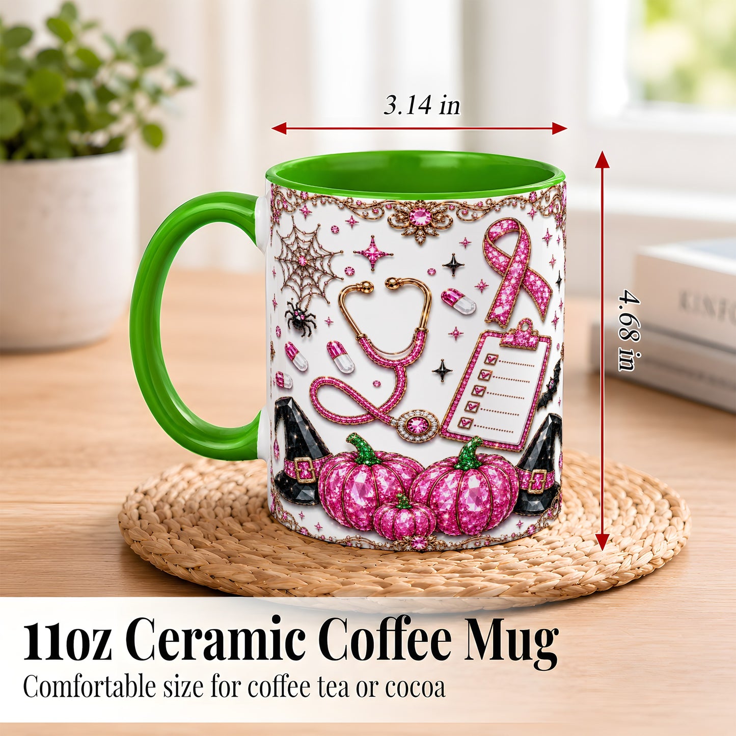 #pl[11oz|Green] Medical Halloween Coffee Mug, Pink Ribbon Nurse Mug, Ceramic Cup