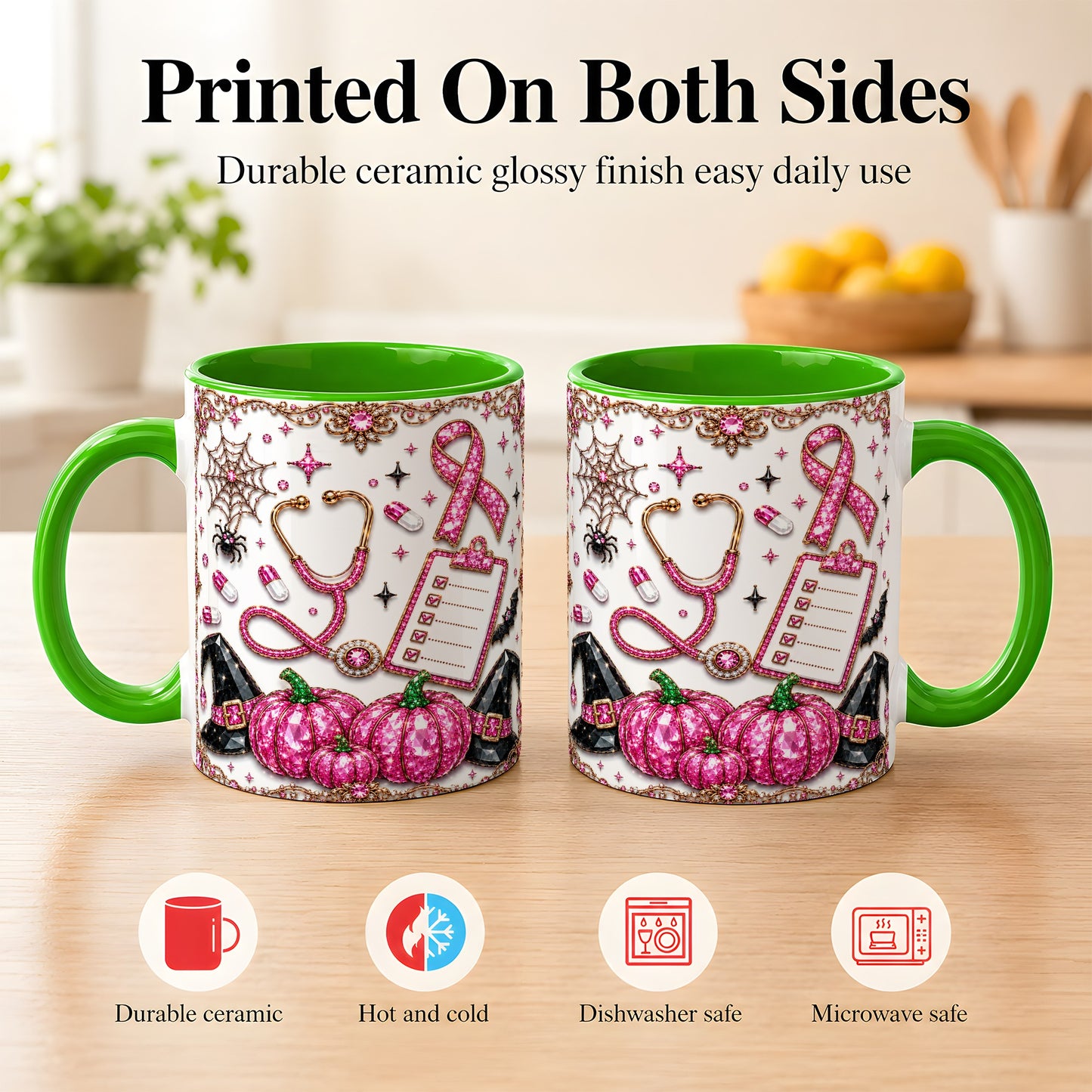 #pl[11oz|Green] Medical Halloween Coffee Mug, Pink Ribbon Nurse Mug, Ceramic Cup