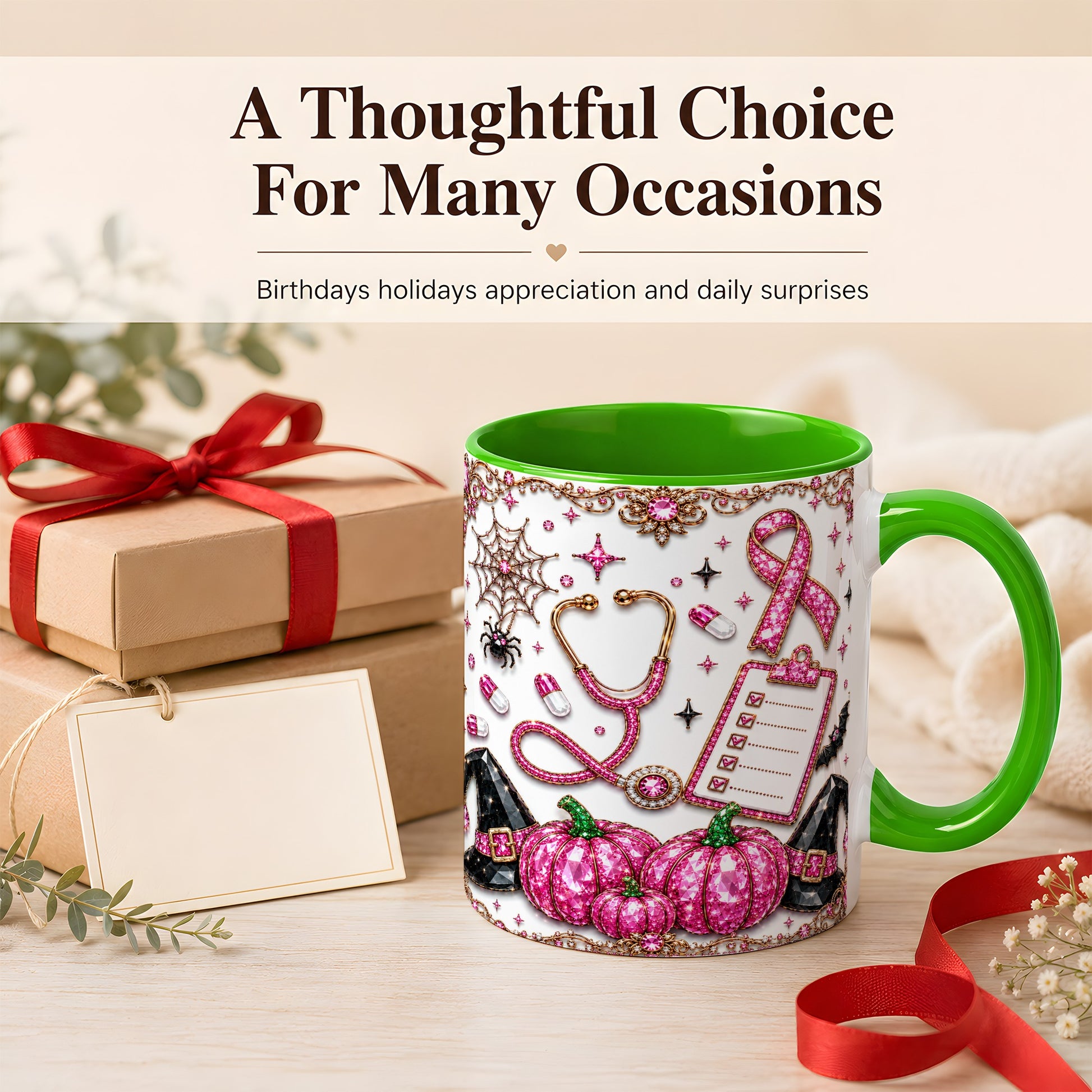 #pl[11oz|Green] Medical Halloween Coffee Mug, Pink Ribbon Nurse Mug, Ceramic Cup