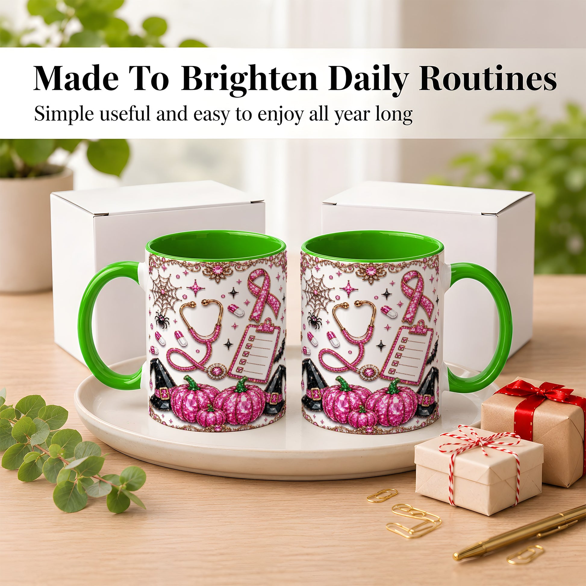 #pl[11oz|Green] Medical Halloween Coffee Mug, Pink Ribbon Nurse Mug, Ceramic Cup