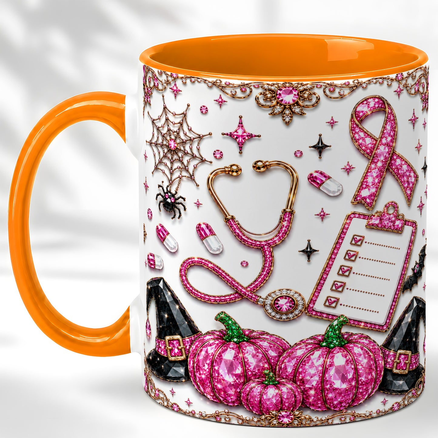 #pl[11oz|Orange] Medical Halloween Coffee Mug, Pink Ribbon Nurse Mug, Ceramic Cup
