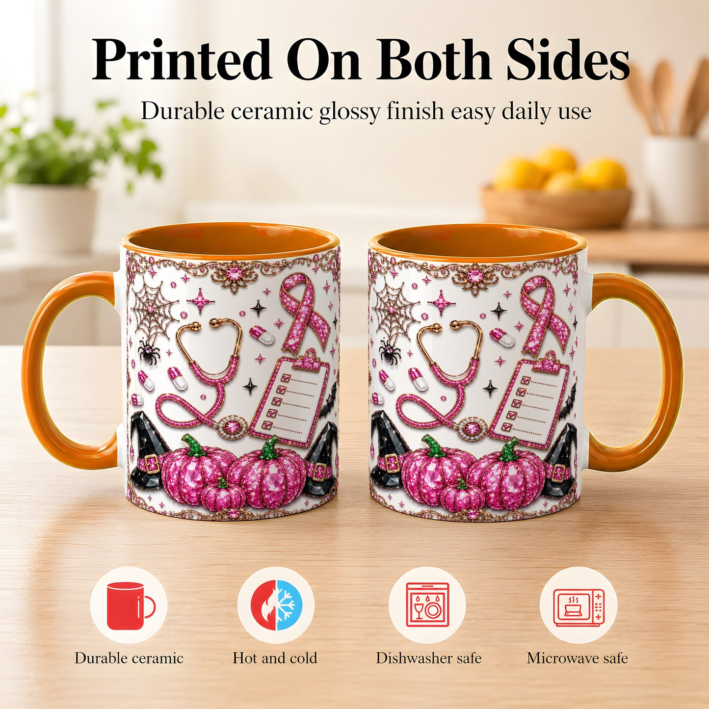 #pl[11oz|Orange] Medical Halloween Coffee Mug, Pink Ribbon Nurse Mug, Ceramic Cup