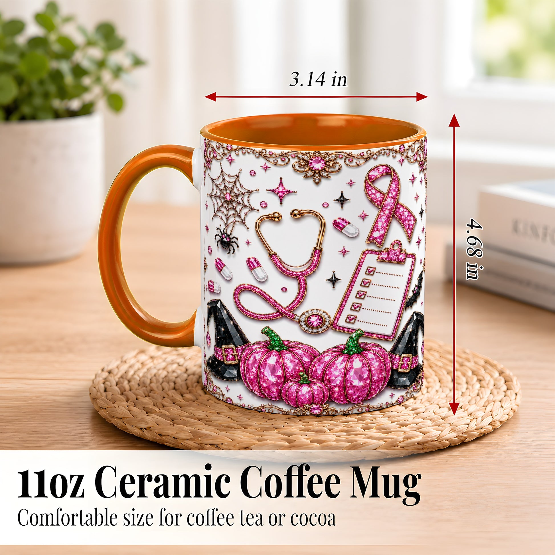 #pl[11oz|Orange] Medical Halloween Coffee Mug, Pink Ribbon Nurse Mug, Ceramic Cup