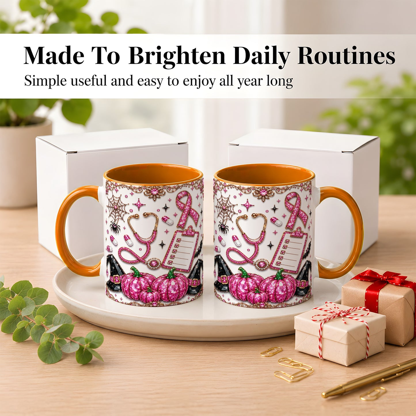 #pl[11oz|Orange] Medical Halloween Coffee Mug, Pink Ribbon Nurse Mug, Ceramic Cup