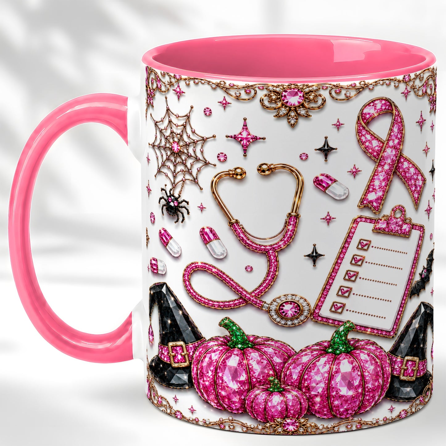 #pl[11oz|Pink] Medical Halloween Coffee Mug, Pink Ribbon Nurse Mug, Ceramic Cup