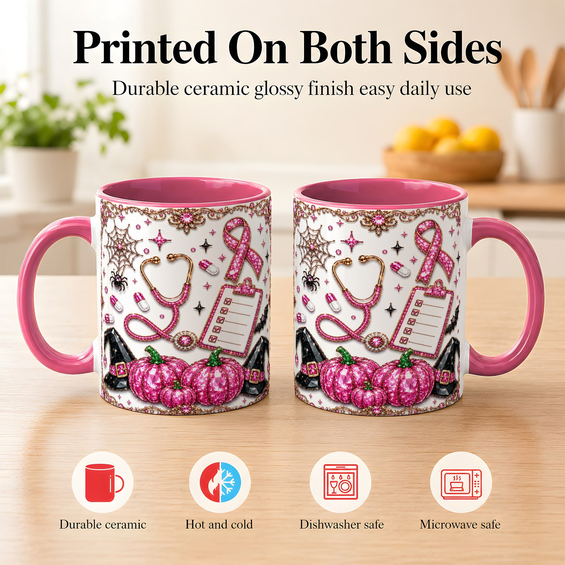 #pl[11oz|Pink] Medical Halloween Coffee Mug, Pink Ribbon Nurse Mug, Ceramic Cup