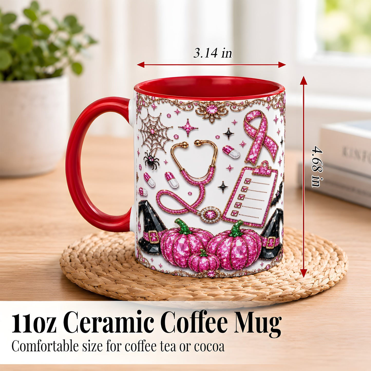 #pl[11oz|Red] Medical Halloween Coffee Mug, Pink Ribbon Nurse Mug, Ceramic Cup